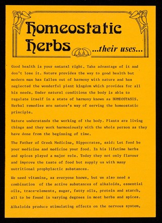[Leaflet advertising "Homeostatic Herbs", spices and essential oils].