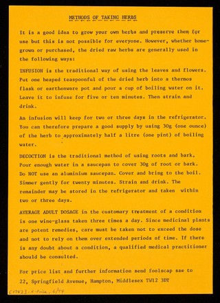 [Leaflet advertising "Homeostatic Herbs", spices and essential oils].