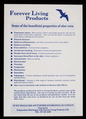 [Leaflet advertising aloe vera products from Forever Living Products (UK)].