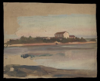 Buildings on low-lying land by a river. Oil painting.