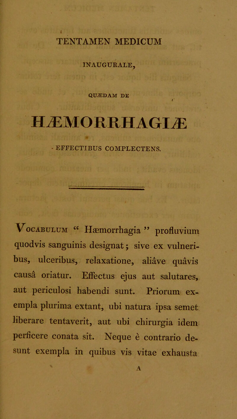 TENTAMEN MEDICUM INAUGURALE, QU-ffiDAM DE 4 HJ2MORRHAGUE * • EFFECTIBUS COMPLECTENS. Vocabulum <c Haemorrhagia ” profluvium quodvis sanguinis designat; sive ex vulneri- bus, ulceribus, relaxatione, aliave quavis causa oriatur. Effectus ejus aut salutares, aut periculosi habendi sunt. Priorum ex- empla plurima extant, ubi natura ipsa semet liberare tentaverit, aut ubi chirurgia idem perficere conata sit. Neque e contrario de- sunt exempla in quibus vis vitae exhausta A