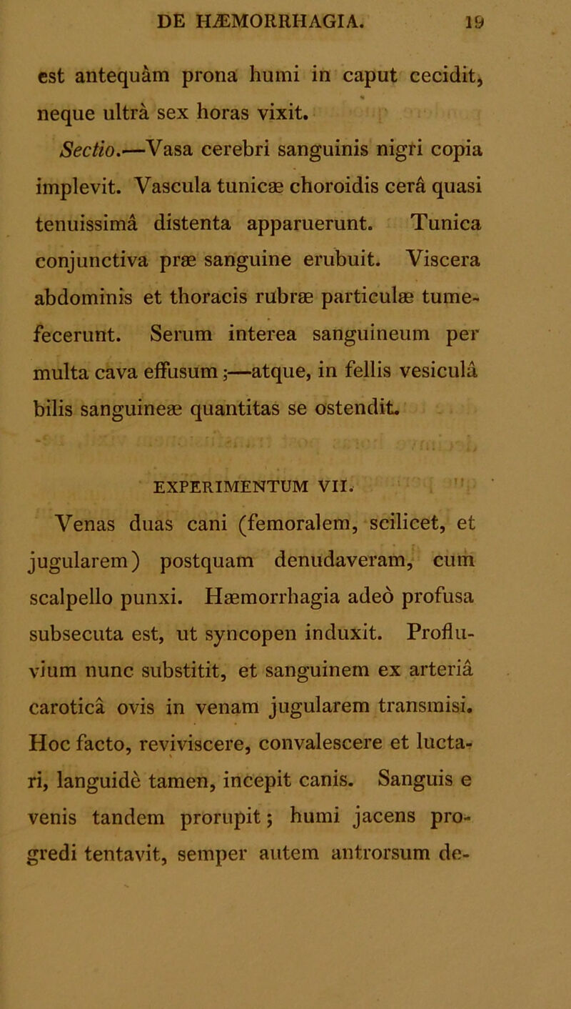 est antequam prona humi in caput cecidit, neque ultra sex horas vixit. Sectio.—Vasa cerebri sanguinis nigri copia implevit. Vascula tunicae choroidis cera quasi tenuissima distenta apparuerunt. Tunica conjunctiva prae sanguine erubuit. Viscera abdominis et thoracis rubrae particulae tume- fecerunt. Serum interea sanguineum per multa cava effusum;—atque, in fellis vesicula bilis sanguineae quantitas se ostendit. EXPERIMENTUM VII. Venas duas cani (femoralem, scilicet, et jugularem) postquam denudaveram, cum scalpello punxi. Haemorrhagia adeo profusa subsecuta est, ut syncopen induxit. Proflu- vium nunc substitit, et sanguinem ex arteria carotica ovis in venam jugularem transmisi. Hoc facto, reviviscere, convalescere et lucta- ri, languide tamen, incepit canis. Sanguis e venis tandem prorupit; humi jacens pro- gredi tentavit, semper autem antrorsum de-