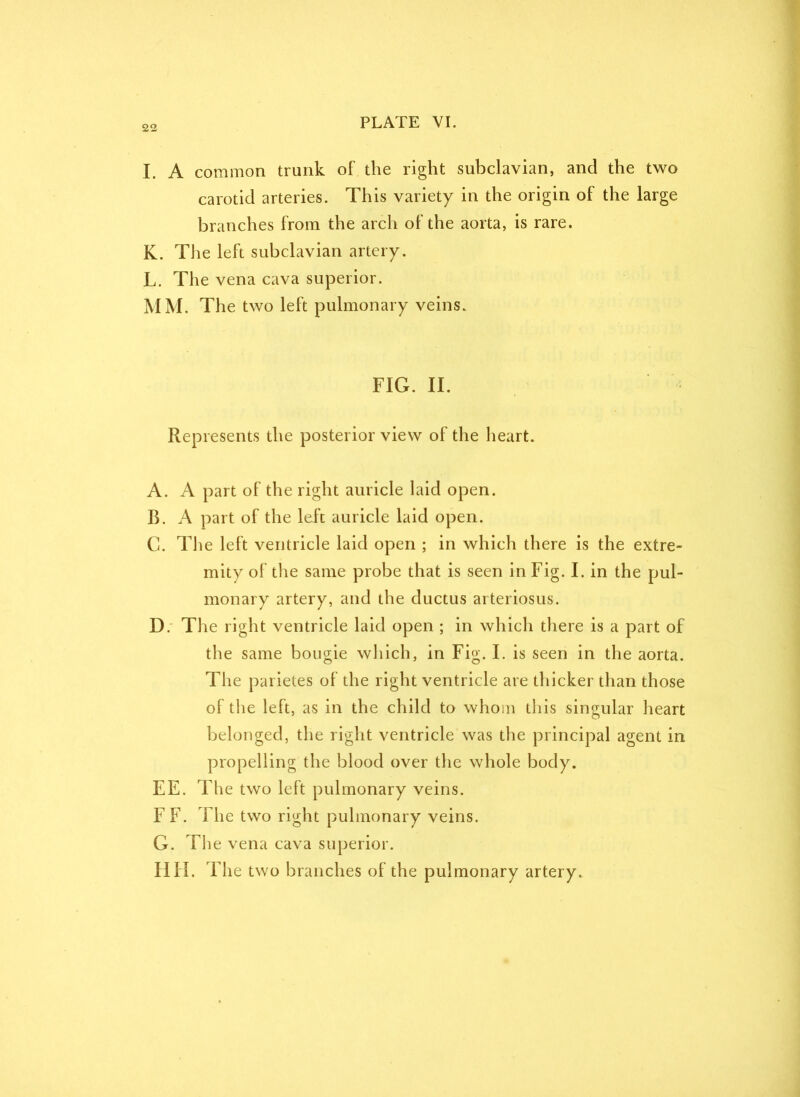 I. A common trunk of the right subclavian, and the two carotid arteries. This variety in the origin of the large branches from the arch of the aorta, is rare. K. The left subclavian artery. L. The vena cava superior. MM. The two left pulmonary veins. FIG. II. Represents the posterior view of the heart. A. A part of the right auricle laid open. B. A part of the left auricle laid open. C. T1 le left ventricle laid open ; in which there is the extre- mity of the same probe that is seen in Fig. I. in the pul- monary artery, and the ductus arteriosus. D. The right ventricle laid open ; in which there is a part of the same bougie which, in Fig. I. is seen in the aorta. The parietes of the right ventricle are thicker than those of the left, as in the child to whom this singular heart belonged, the right ventricle was the principal agent in propelling the blood over the whole body. EE. The two left pulmonary veins. FF. The two right pulmonary veins. G. The vena cava superior. HH. The two branches of the pulmonary artery.