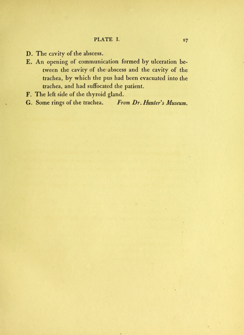 D. The cavity of the abscess. E. An opening of communication formed by ulceration be- tween the cavity of the abscess and the cavity of the trachea, by which the pus had been evacuated into the trachea, and had suffocated the patient. F. The left side of the thyroid gland. G. Some rings of the trachea. From Dr. Hunter s Museum.