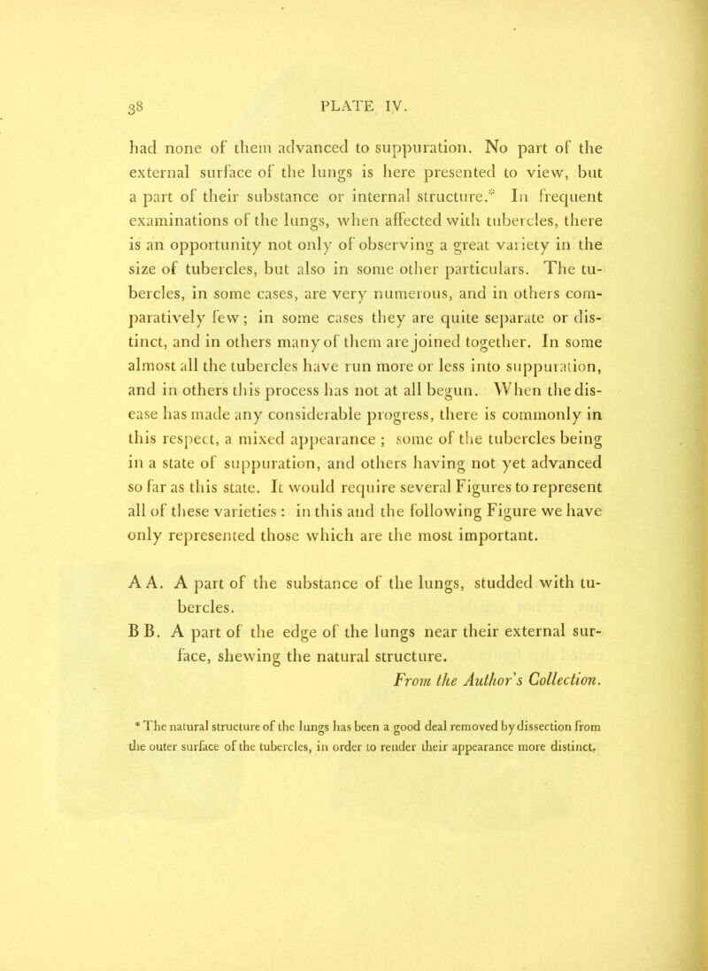 had none of them advanced to suppuration. No part of the external surface of the lungs is here presented to view, but a part of their substance or internal structure. In frequent examinations of the lungs, when affected with tubercles, there is an opportunity not only of observing a great variety in the size of tubercles, but also in some other particulars. The tu- bercles, in some cases, are very numerous, and in others com- paratively few; in some cases they are quite separate or dis- tinct, and in others many of them are joined together. In some almost all the tubercles have run more or less into suppuration, and in others this process has not at all begun. When the dis- ease has made any considerable progress, there is commonly in this respect, a mixed appearance ; some of the tubercles being in a state of suppuration, and others having not yet advanced so far as this state. It would require several Figures to represent all of these varieties : in this and the following Figure we have only represented those which are the most important. A A. A part of the substance of the lungs, studded with tu- bercles. B B. A part of the edge of the lungs near their external sur- face, shewing the natural structure. From the Author s Collection. * The natural structure of the lungs has been a good deal removed by dissection from die outer surface of the tubercles, in order to render their appearance more distinct^
