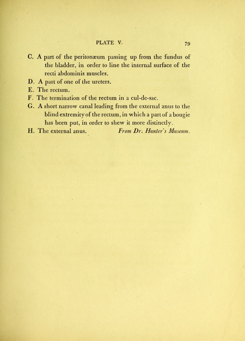 C. A part of the peritonaeum passing up from the fundus of the bladder, in order to line the internal surface of the recti abdominis muscles. D. A part of one of the ureters. E. The rectum. F. The termination of the rectum in a cul-de-sac. G. A short narrow canal leading from the external anus to the blind extremity of the rectum, in which a part of a bougie has been put, in order to shew it more distinctly. H. The external anus. From Dr. Hunter s Museum.