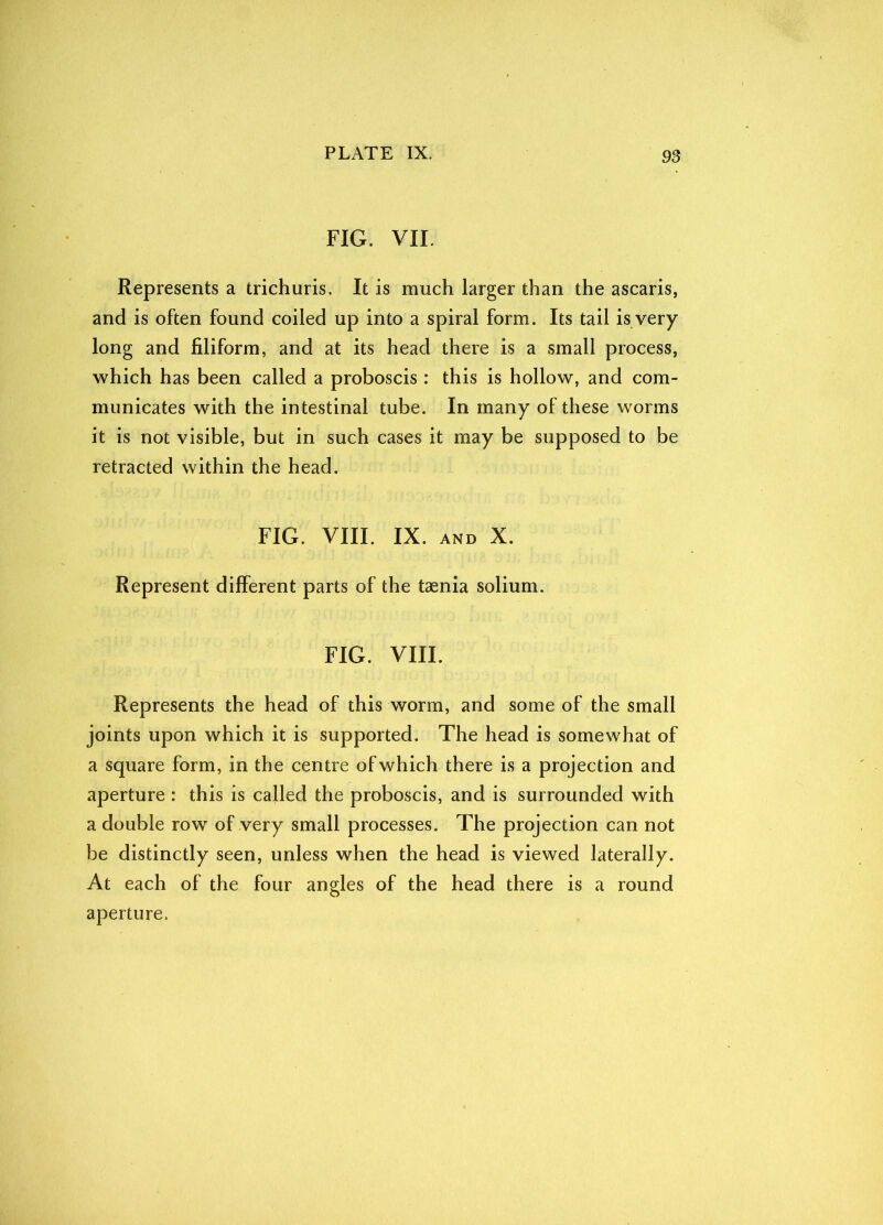 FIG. VII. Represents a trichuris. It is much larger than the ascaris, and is often found coiled up into a spiral form. Its tail is very long and filiform, and at its head there is a small process, which has been called a proboscis : this is hollow, and com- municates with the intestinal tube. In many of these worms it is not visible, but in such cases it may be supposed to be retracted within the head. FIG. VIII. IX. AND X. Represent different parts of the taenia solium. FIG. VIII. Represents the head of this worm, and some of the small joints upon which it is supported. The head is somewhat of a square form, in the centre of which there is a projection and aperture : this is called the proboscis, and is surrounded with a double row of very small processes. The projection can not be distinctly seen, unless when the head is viewed laterally. At each of the four angles of the head there is a round aperture.