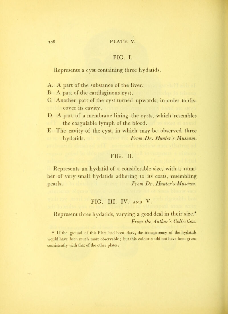 FIG. I. Represents a cyst containing three hydatids. A. A part of the substance of the liver. B. A part of the cartilaginous cyst. C. Another part of the cyst turned upwards, in order to dis- cover its cavity. D. A part of a membrane lining the cysts, which resembles the coagulable lymph of the blood. E. The cavity of the cyst, in which may be observed three hydatids. From Dr. Hunter s Museum. FIG. II. Represents an hydatid of a considerable size, with a num- ber of very small hydatids adhering to its coats, resembling pearls. From Dr. Hunter s Museum. FIG. III. IV. AND V. Represent three hydatids, varying a good deal in their size.* From the Author s Collection. * If the ground of this Plate had been dark, the transparency of the hydatids would have been much more observable ; but this colour could not have been given consistently with that of the other plates.