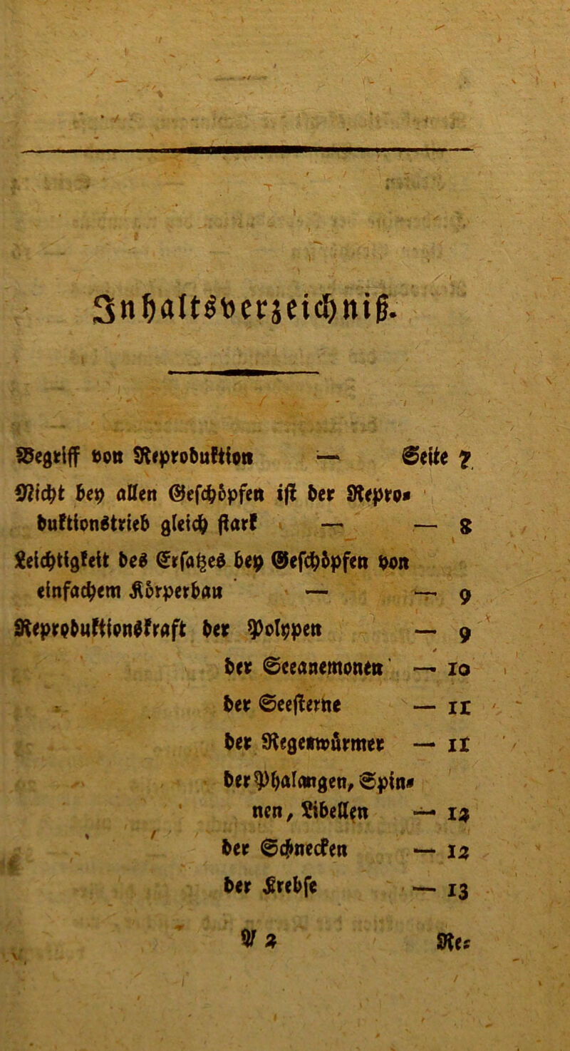 Sn^ialtötocraci^ni^* ajegtlff »Ott Sftfprobuftio« @eüe f 9?ic^t oQen @efc^6pfett ift ber Sitpto» ‘ bufttongtrieb gUicb flarf — — g be^ ^rfo^ed bep (S^efd^bpfcn P«it «infacbem Körperbau — “-^9 Steprpbufiicn^frAft bet ^olppen — 9 bev ©eeanemonm — IO ber ©ccjleme — ir ber SRegetwÄrmer — il ber^bÄlongen, 6piti( nen^ ^ibedm 1 ber 0cbnecfen — ber ^rebfe — 13 SRe« V