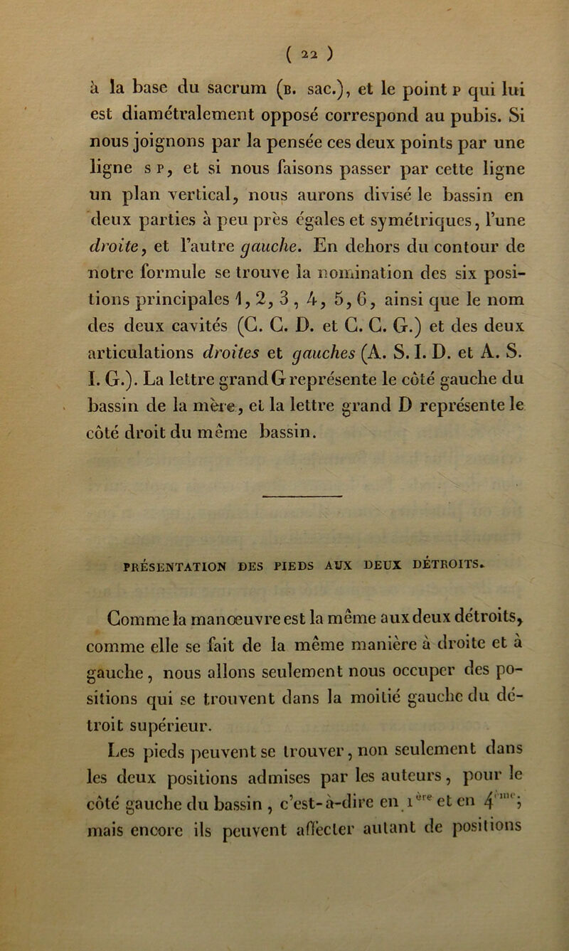 b. la base du sacrum (b. sac.), et le point? qui lui est diamétralement opposé correspond au pubis. Si nous joignons par la pensée ces deux points par une ligne SP, et si nous faisons passer par cette ligne un plan vertical, nous aurons divisé le bassin en deux parties à peu près égales et symétriques, l’une droite, et l’autre gauche. En dehors du contour de notre formule se trouve la nomination des six posi- tions principales 1,2, 3,4, 5,6, ainsi que le nom des deux cavités (G. G. D. et G. G. G.) et des deux articulations droites et gauches (A. S. I. D. et A. S. I. G.). La lettre grand G représente le côté gauche du bassin de la mère, et la lettre grand D représente le côté droit du même bassin. PRÉSENTATION DES PIEDS AUX DEUX DETROITS. Gomme la manoeuvre est la même aux deux détroits, comme elle se fait de la même manière à droite et à gauche, nous allons seulement nous occuper des po- sitions qui se trouvent dans la moitié gauche du dé- troit supérieur. Les pieds peuvent se trouver, non seulement dans les deux positions admises par les auteurs, pour le côté gauche du bassin , c’est-à-dire en et en 4'“’‘î mais encore ils peuvent aflècter autant de positions