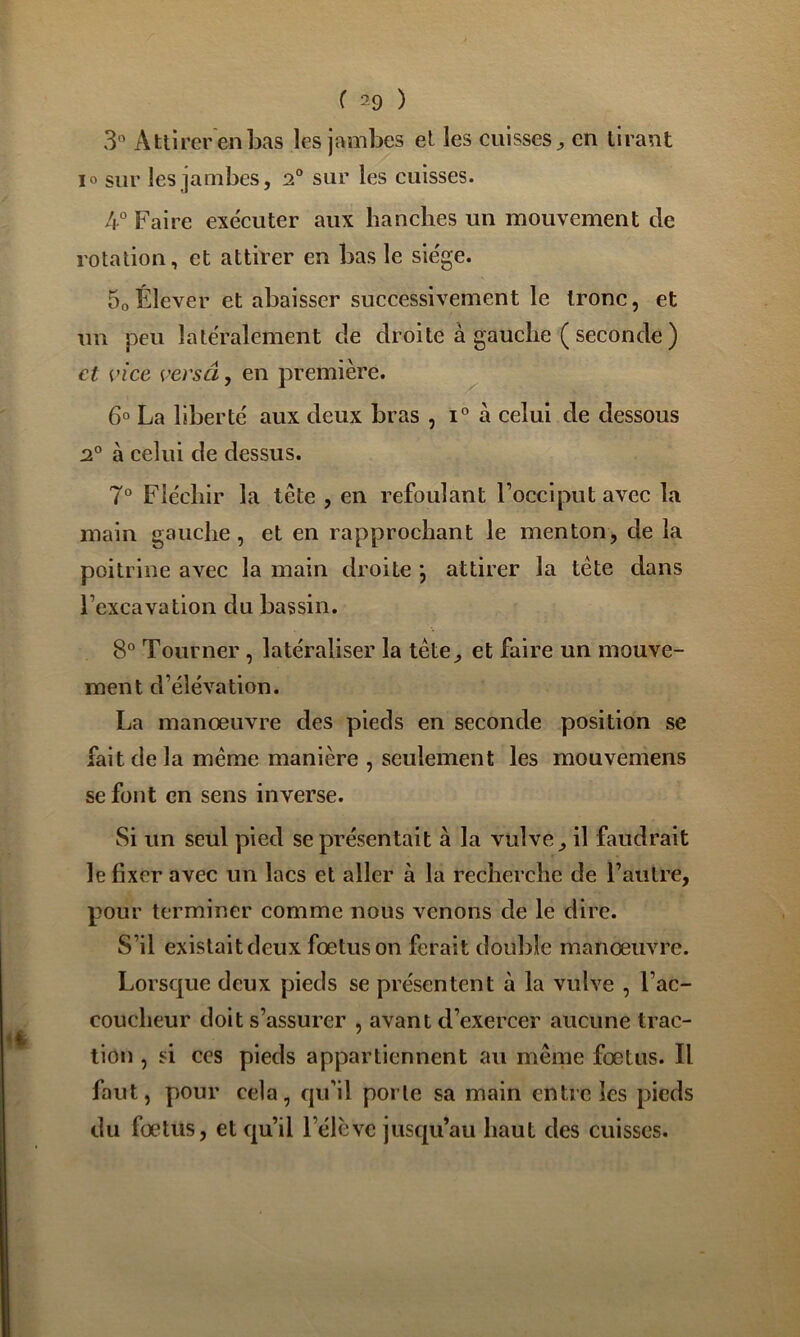 3” Attirer en bas les jambes et les cuisses ^ en tirant lo sur les jambes, 2“ sur les cuisses. 4° Faire exécuter aux hanches un mouvement de rotation, et attirer en bas le siège. 5oÉlever et abaisser successivement le tronc, et un peu latéralement de droite à gauche ( seconde ) et vice versa, en première. ^ 6° La liberté aux deux bras , 1° à celui de dessous 2° à celui de dessus. 7° Fléchir la tête , en refoulant l’occiput avec la main gauche, et en rapprochant le menton, de la poitrine avec la main droite *, attirer la tête dans l’excavation du bassin. 8“ Tourner , latéraliser la tête, et faire un mouve- ment d’élévation. La manœuvre des pieds en seconde position se fait de la même manière , seulement les mouvemens se font en sens inverse. Si un seul pied se présentait à la vulve, il faudrait le fixer avec un lacs et aller à la recherche de l’autre, pour terminer comme nous venons de le dire. S’il existait deux fœtus on ferait double manœuvre. Lorsque deux pieds se présentent à la vulve , l’ac- coucheur doit s’assurer , avant d’exercer aucune trac- tion , si ces pieds appartiennent au même fœtus. Il faut, pour cela, qu’il porte sa main entre les pieds du fœtus, et qu’il l’élève jusqu’au haut des cuisses.