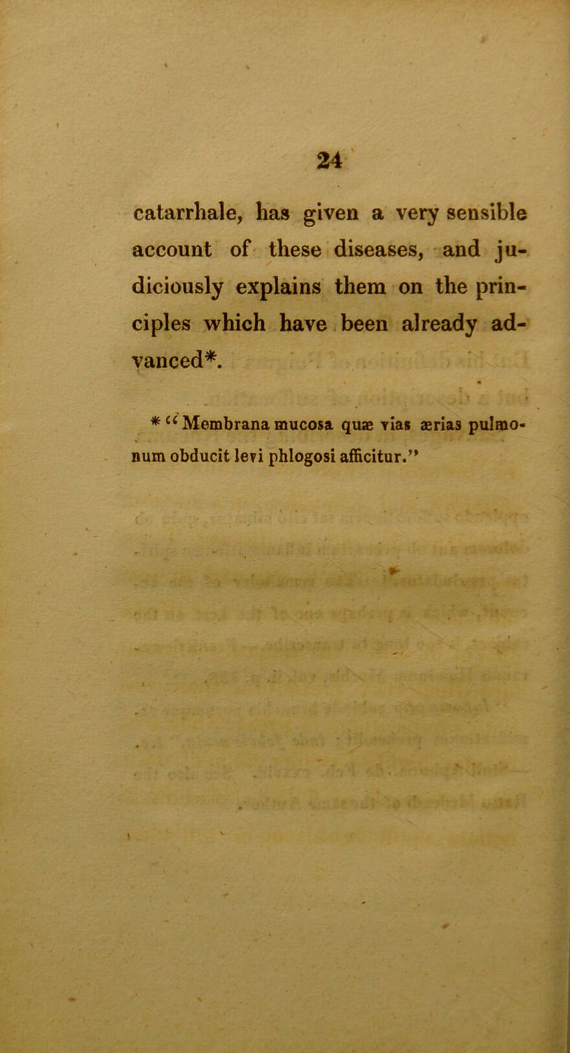catarrhale, has given a very sensible account of these diseases, and ju- diciously explains them on the prin- ciples which have been already ad- vanced*. j . . * * * a Membrana mucosa quae Yias aerias pulmo- num obducit levi phlogosi afficitur.”