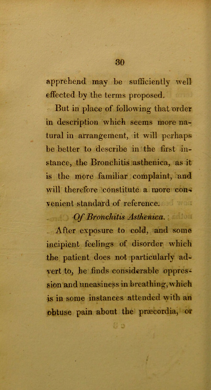 apprehend may be sufficiently well effected by the terms proposed. But in place of following that order in description which seems more na- tural in arrangement, it will perhaps be better to describe in the first in- stance, the Bronchitis asthenica, as it is the more familiar complaint, and will therefore constitute a more con-* venient standard of reference. Of Bronchitis Asthenica. After exposure to cold, and some incipient feelings of disorder which the patient does not particularly ad- vert to, he finds considerable oppres- sion and uneasiness in breathing, which is in some instances attended with an obtuse pain about the praecordia, or