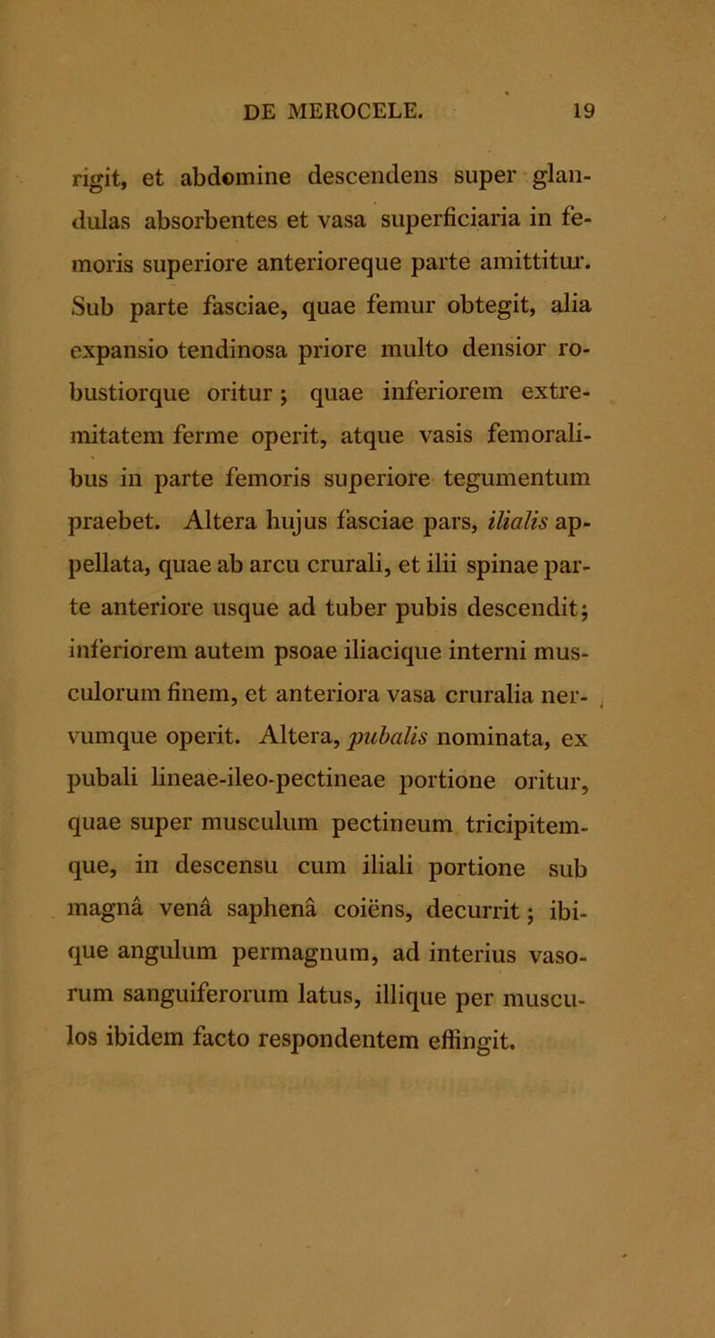 rigit, et abdomine descendens super glan- dulas absorbentes et vasa superficiaria in fe- moris superiore anterioreque parte amittitm-. Sub parte fasciae, quae femur obtegit, alia expansio tendinosa priore multo densior ro- bustiorque oritur; quae inferiorem extre- mitatem ferme operit, atque vasis femorali- bus in parte femoris superiore tegumentum praebet. Altera hujus fasciae pars, ilialis ap- pellata, quae ab arcu crurali, et ilii spinae par- te anteriore usque ad tuber pubis descendit; inferiorem autem psoae iliacique interni mus- culorum finem, et anteriora vasa cruralia ner- ^ vumque operit. Altera, pubalis nominata, ex pubali lineae-ileo-pectineae portione oritur, quae super musculum pectineum tricipitem- que, in descensu cum iliali portione sub magna vena saphena coiens, decurrit; ibi- que angulum permagnum, ad interius vaso- rum sanguiferorum latus, illique per muscu- los ibidem facto respondentem effingit.