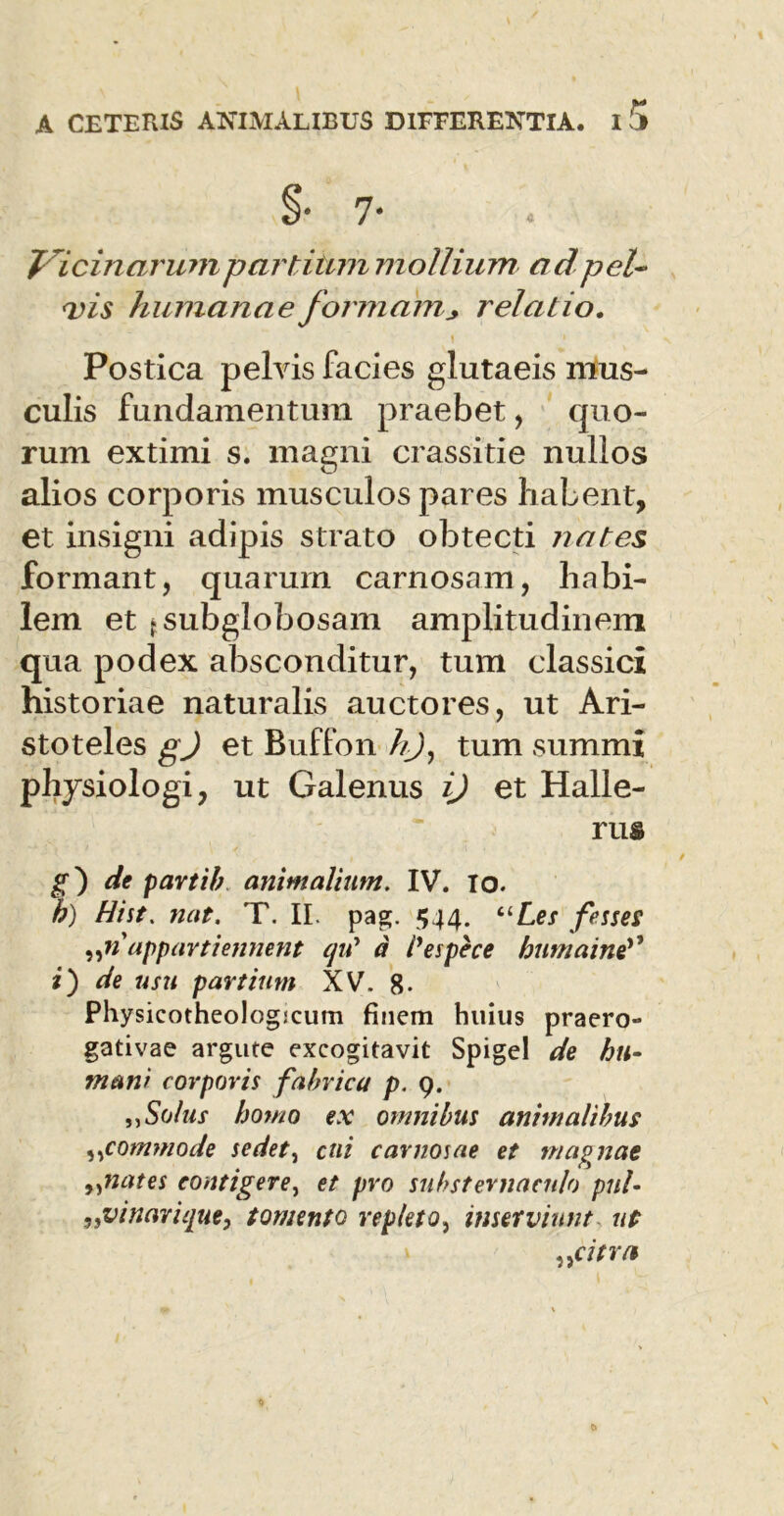 §• 7- J^icincirum partium mollium ad pel- vis humanae formam * relatio. i > Postica pelvis facies glutaeis mus- culis fundamentum praebet, quo- rum extimi s. magni crassitie nullos alios corporis musculos pares habent, et insigni adipis strato obtecti nates formant, quarum carnosam, habi- lem et tsubglobosam amplitudinem qua podex absconditur, tum classici historiae naturalis auctores, ut Ari- stoteles gj et Buffon //J, tum summi physiologi, ut Galenus i) et Halle- rus gde partit animalium. IV. io. h) Hist. nat. T. II. pag. 544. “Let fesses „n appartiennent cjit d 1’espece hnmaine*’ i) de usu partium XV. 8- Physicotheologscum finem huius praero- gativae argute excogitavit Spigel de hu- mani corporis fabrica p. 9. „ Solus homo ex omnibus animalibus ,,commode sedet, cui carnosae et magnae „nates contigere, et pro substernacnlo pnl- ,svinarique, tomento repleto, inserviunt ut „citra c»