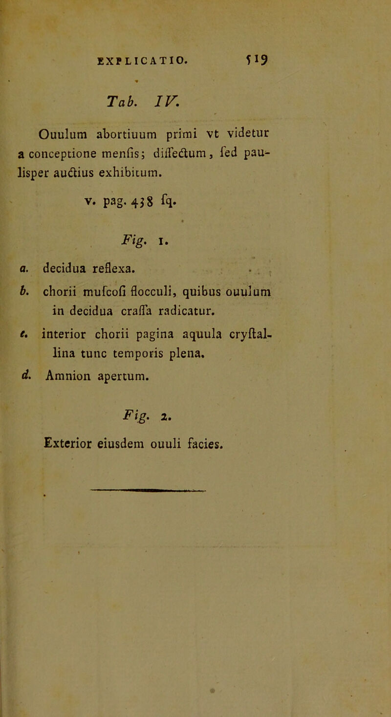 EXPLICATIO. 5!9 Tab. IV. Ouulum abortiuum primi vt videtur a conceptione menfis; difledtum, ied pau- lisper au&ius exhibicum. v. pag. 458 fq. Fig. i. a. decidua reflexa. . . b. chorii mufcofi flocculi, quibus ouulum in decidua crafla radicatur. e. interior chorii pagina aquula cryftal- lina tunc temporis plena. d. Amnion apertum. Fig. 2. Exterior eiusdem ouuli facies.