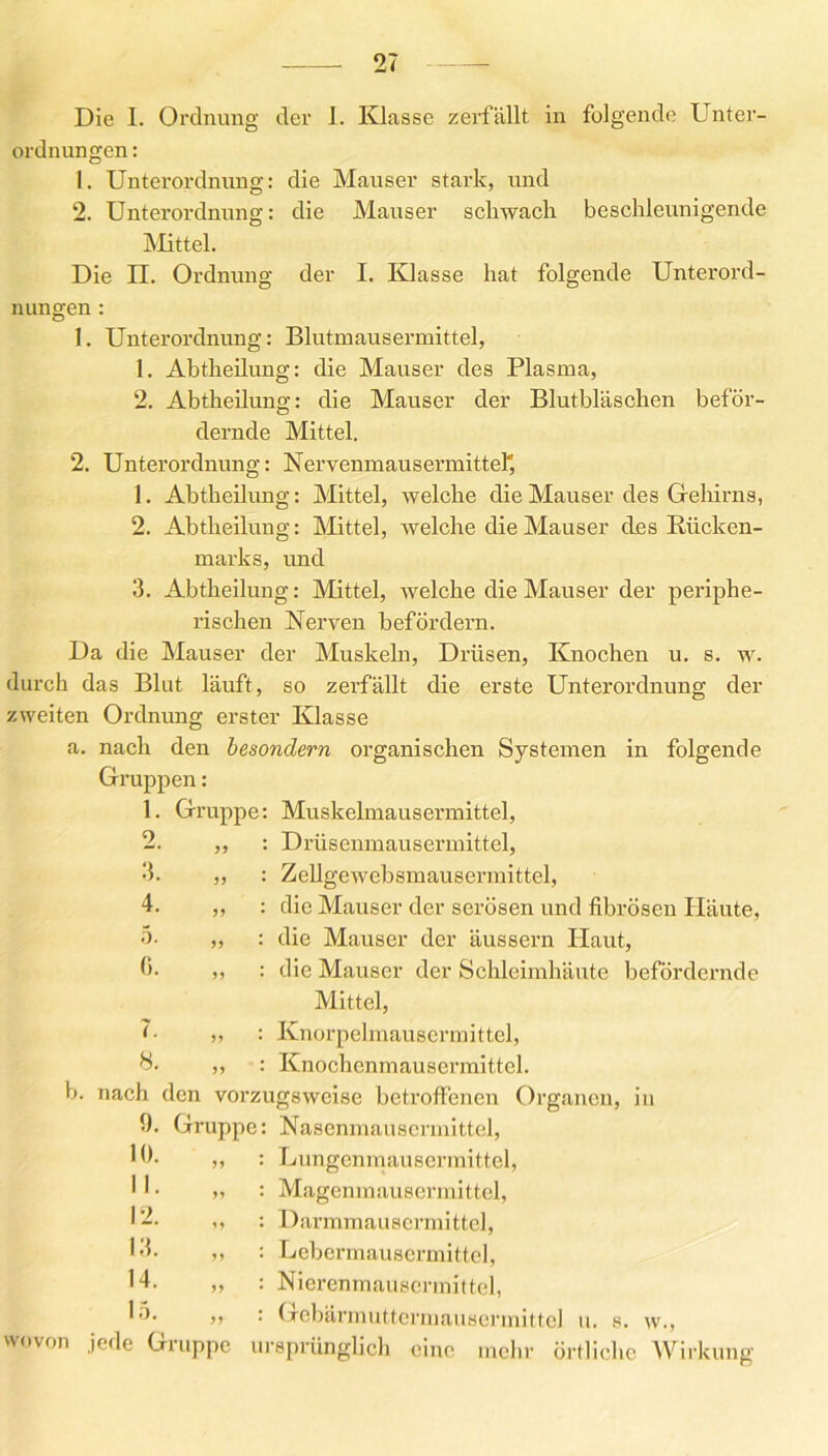 Die I. Ordnung der 1. Klasse zerfällt in folgende Unter- ordnungen: 1. Unterordnung: die Mauser stark, und 2. Unterordnung: die Mauser schwach beschleunigende Mittel. Die II. Ordnung der I. Klasse hat folgende Unterord- nungen 1. Unterordnung: Blutmausermittel, 1. Abtheilung: die Mauser des Plasma, 2. Abtheilung: die Mauser der Blutbläschen beför- dernde Mittel. 2. Unterordnung: Nervenmausermittel' 1. Abtheilung: Mittel, welche die Mauser des Gehirns, 2. Abtheilung: Mittel, welche die Mauser cles Rücken- marks, und 3. Abtheilung: Mittel, welche die Mauser der periphe- rischen Nerven befördern. Da die Mauser der Muskeln, Drüsen, Knochen u. s. w. durch das Blut läuft, so zerfällt die erste Unterordnung der zweiten Ordnung erster Klasse a. nach den besondern organischen Systemen in folgende Gruppen: Muskelmausermittel, Drüsenmausermittel, ZeUgewehamausermittel, die Mauser der serösen und fibrösen ITäute, die Mauser der äussern Haut, die Mauser der Schleimhäute befördernde Mittel, Knorpel mauserm i t tel, Knochenmausermittel. 1. Gruppe: 9 w. j 5 3- „ : 4. „ : 5. „ : 0. „ : <. 8. b. nach den vorzugsweise betroffenen Organen, in 9. Gruppe 10. Nasenmausermittel, Lungenmausermittel, Magenmausermittel, Darmmausermittel, Lebermausermittel, Nierenmausermittel, Gebärmuttermausermittel u. s. w., wovon jede Gruppe ursprünglich eine mehr örtliche Wirkung 12. 13. 14. 15.