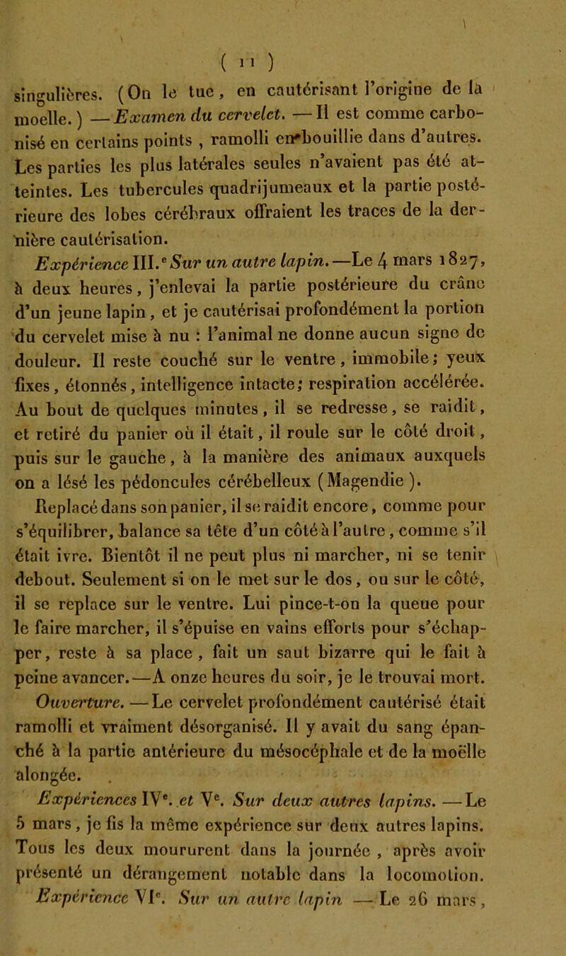 ( >> ) moelle. ) —Examen du cervelet. — Il est comme carbo- nisé en certains points , ramolli en^bouillie dans d autres. Les parties les plus latérales seules n’avaient pas été at- teintes. Les tubercules quadrijumeaux et la partie posté- rieure des lobes cérébraux offraient les traces de la der- nière cautérisation. Expérience III.® Stt?* un autre lapin, —Le 4 rnars 1827» h deux heures, j’enlevai la partie postérieure du crâne d’un jeune lapin, et je cautérisai profondément la portion du cervelet mise à nu : l’animal ne donne aucun signe de douleur. Il reste couché sur le ventre, immobile ; yeuix fixes, étonnés, intelligence intacte; respiration accélérée. Au bout de quelques minutes, il se redresse, se raidit, et retiré du panier oii il était, il roule sur le côté droit, puis sur le gauche, h la manière des animaux auxquels on a lésé les pédoncules cérébelleux (Magendie ). Replacé dans son panier, il se raidit encore, comme pour s’équilibrer, balance sa tête d’un côté à l’autre, comme s’il était ivre. Bientôt il ne peut plus ni marcher, ni se tenir debout. Seulement si on le met sur le dos, ou sur le côté, il SC replace sur le ventre. Lui pince-t-on la queue pour le faire marcher, il s’épuise en vains efforts pour s’échap- per, reste à sa place , fait un saut bizarre qui le fait à peine avancer.—A onze heures du soir, je le trouvai mort. Ouverture. —Le cervelet profondément cautérisé était ramolli et vraiment désorganisé. Il y avait du sang épan- ché à la partie antérieure du mésocéphale et de la moelle alongée. Expériences IV*. eï V®. Sur deux autres lapins. —Le 5 mars, je fis la même expérience sur deux autres lapins. Tous les deux moururent dans la journée , après avoir présenté un dérangement notable dans la locomotion. Expérience'SI''. Sur un autre lapin —Le 26 mars.