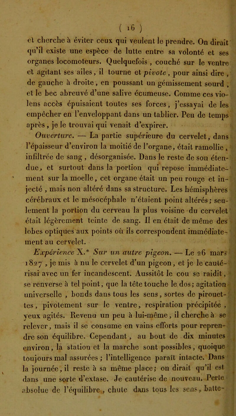 el cherche à éviter ceux qui veulent le prendre. On dirait tju’il existe une espèce de lutte entre sa volonté et ses organes locomoteurs. Quelquefois , couché sur le ventre el agitant ses ailes, il tourne et pivote, pour ainsi dire , de gauche à droite, en poussant un gémissement sourd . et le bec abreuvé d’une salive écumeuse. Comme ces vio- lens accès épuisaient toutes ses forces, j’essayai de les empêcher en l’enveloppant dans un tablier. Peu de temps après , je le trouvai qui venait d’expirer. Ouverture. — La partie supérieure du cervelet, dans l’épaisseur d’environ la moitié de l’organe, était ramollie , infiltrée de sang , désorganisée. Dans le reste de son éten- due^ et surtout dans la portion qui repose immédiate- ment sur la moelle, cet organe était un peu rouge et in- jecté , mais non altéré dans sa structure. Les hémisphères cérébraux et le mésocéphale n’étaient point altérés; seu- lement la portion du cerveau la plus voisine du cervelet était légèrement teinte de sang. Il en était de même des lobes optiques aux points où ils correspondent immédiate- ment au cervelet. Expérience X.® Sur un autre pigeon. — Le 26 mars 1827 , je mis à nu le cervelet d’un pigeon, et je le cauté- risai avec un fer incandescent. Aussitôt le cou se raidit, se renverse à tel point, que la tête touche le dos; agitation • universelle , bonds dans tous les sens, sortes de pirouet- tes, pivotement sur le ventre, respiration précipitée , yeux agités. Revenu un peu à lui-même, il cherche à se relever, mais il se consume en vains efforts pour repren- dre son équilibre. Cependant, au bout de dix minutes environ, la station et la marche sont possibles, quoique toujours mal assurées ; l’intelligence paraît intacte. Dans la journée, il reste à sa même place; on dirait qu’il est dans une sorte d’extase. Je cautérise de nouveau. Perle absolue de l’équilibre , chute dans tous les sens, balte-