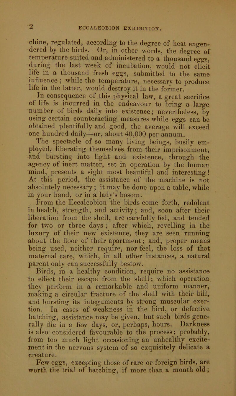 chine, regulated, according to the degree of heat engen- dered by the birds. Or, in other words, the degree of temperature suited and administered to a thousand eggs, during the last week of incubation, would not elicit life in a thousand fresh eggs, submitted to the same influence ; while the temperature, necessary to produce life in the latter, would destroy it in the former. In consequence of this physical law, a great sacrifice of life is incurred in the endeavour to bring a large number of birds daily into existence; nevertheless, by using certain counteracting measures while eggs can be obtained plentifully and good, the average will exceed one hundred daily—or, about 40,000 per annum. The spectacle of so many living beings, busily em- ployed, liberating themselves from their imprisonment, and bursting into light and existence, through the agency of inert matter, set in operation by the human mind, presents a sight most beautiful and interesting! At this period, the assistance of the machine is not absolutely necessary; it may be done upon a table, while in your hand, or in a lady’s bosom. From the Eccaleobion the birds come forth, redolent in health, strength, and activity; and, soon after their liberation from the shell, are carefully fed, and tended for two or three days ; after which, revelling in the luxury of their new existence, they are seen running about the floor of their apartment; and, proper means being used, neither require, nor feel, the loss of that maternal care, which, in all other instances, a natural parent only can successfully bestow. Birds, in a healthy condition, require no assistance to effect their escape from the shell; which operation they perform in a remarkable and uniform manner, making a circular fracture of the shell with their bill, and bursting its integuments by strong muscular exer- tion. In cases of weakness in the bird, or defective hatching, assistance may be given, but such birds gene- rally die in a few days, or, perhaps, hours. Darkness is also considered favourable to the process; probably, from too much light occasioning an unhealthy excite- ment in the nervous system of so exquisitely delicate a creature. Few eggs, excepting those of rare or foreign birds, are worth the trial of hatching, if more than a month old;