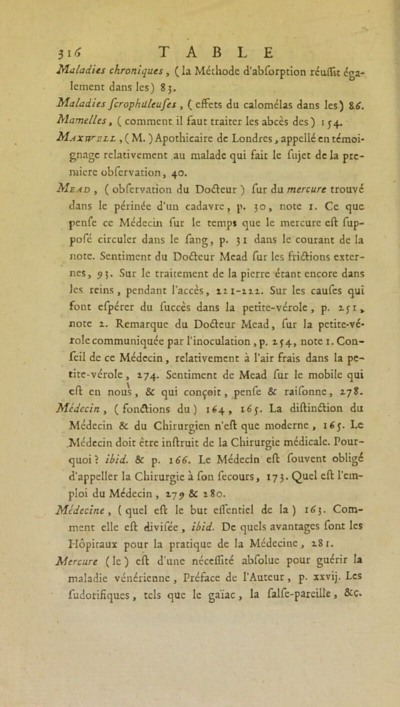 Maladies chroniques, ( la Méthode d'abforption reu.(lit éga- lement dans les) 83. Maladies fcrophuleufes , ( effets du calomélas dans les) 8,6. Mamelles, ( comment il faut traiter les abcès des) 154. Maxwell , ( M. ) Apothicaire de Londres, appeiié en témoi- gnage relativement au malade qui fait le fujet de la pre- mière obfervation, 40. Mead , ( obfervation du Dodeur ) fur du mercure trouvé dans le périnée d’un cadavre, p. 30, note x. Ce que penfe ce Médecin fur le temps que le mercure cft fup- pofé circuler dans le fatig, p. 31 dans le courant de la note. Sentiment du Dodeur Mead fur les fridions exter- nes, 93. Sur le traitement de la pierre étant encore dans les reins, pendant l'accès, ui-m. Sur les caufes qui font efpérer du fuccès dans la petite-vérole, p. iji, note i. Remarque du Dodeur Mead, fur la petite-vé- role communiquée par l’inoculation ,p. 154, note 1. Con- feil de ce Médecin, relativement à l’air frais dans la pe- tite-vérole , 174. Sentiment de Mead fur le mobile qui cft en nous, & qui conçoit, penfe & raifonne, 178. Médecin y (fondions du) 164, 165. La diftindion du Médecin & du Chirurgien n’eft que moderne, i6j. Le .Médecin doit être inflruit de la Chirurgie médicale. Pour- quoi? ibid. & p. 166. Le Médecin eft fouvent obligé d’appeller la Chirurgie à fon fecours, 173. Quel eft l’em- ploi du Médecin, 175» & 180. Médecine y (quel eft le but effentiel de la) 163. Com- ment elle eft divifée , ibid. De quels avantages font les Hôpitaux pour la pratique de la Médecine, z8i. Mercure ( le ) eft d’une néceftité abfolue pour guérir la maladie vénérienne, Préface de l’Auteur, p. xxvij. Les fudotifiques, tels que le gaïae, la falfc-pareille, &c»
