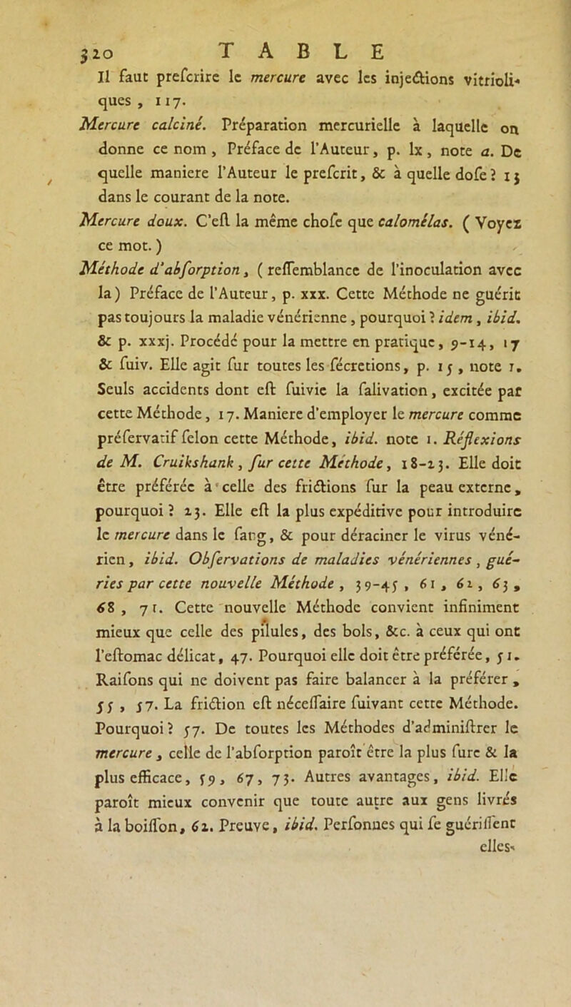 }io TABLE Il faut prefcrire le mercure avec les inje&ions vitrioli- ques , 117. Mercure calciné. Préparation mercurielle à laquelle on donne ce nom , Préface de l’Auteur, p. lx, note a. De quelle maniéré l’Auteur le preferit, & à quelle dofe l 1 j dans le courant de la note. Mercure doux. C’ell la même chofe que calomélas. ( Voyez ce mot. ) Méthode d‘ abforption , ( reflemblance de l’inoculation avec la) Préface de l’Auteur, p. xxx. Cette Méthode ne guérie pas toujours la maladie vénérienne , pourquoi 1 idem, ibid. & p. xxxj. Procédé pour la mettre en pratique, 9-14, 17 & fuiv. Elle agit fur toutes les fécretions, p. 1 5 , note 1. Seuls accidents dont eft fuivie la falivaticn, excitée par cette Méthode, 17. Maniéré d’employer le mercure comme préfervatif félon cette Méthode, ibid. note 1. Réflexions de M. Cruikshank, fur cette Méthode, 18-13. Elle doit être préférée à celle des fri&ions fur la peau externe, pourquoi ? 13. Elle efl la plus expéditive pour introduire le mercure dans le fang, & pour déraciner le virus véné- rien , ibid. Obfervations de maladies vénériennes , gué- ries par cette nouvelle Méthode, 39-45, 61, 61, 63, 68 , 71. Cette nouvelle Méthode convient infiniment mieux que celle des pilules, des bols, &c. à ceux qui ont l’eftomac délicat, 47. Pourquoi elle doit être préférée ,51. Raifons qui ne doivent pas faire balancer à la préférer , 55 , 57. La friélion eft néceflaire fuivant cette Méthode. Pourquoi? 57. De toutes les Méthodes d’adminiftrer le mercure , celle de l’abforption paroît être la plus fure & la plus efficace, 59, 67, 73. Autres avantages, ibid. Elle paroît mieux convenir que toute autre aux gens livrés à la boilfon, 61. Preuve, ibid. Perfonnes qui fe guérilfenc elles-
