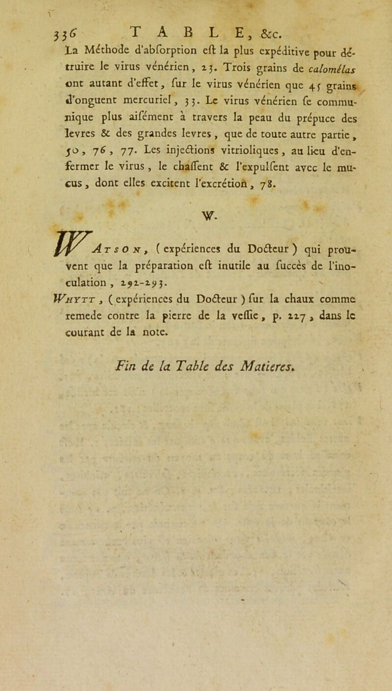 \ 536 TABLE, &c. la Méthode d’abforption cft la plus expéditive pour dé- truire le virus vénérien, 13. Trois grains de calomnias ont autant d’effet, fur le virus vénérien que 43 grains d’onguent mercuriel, 33. Le virus vénérien fe commu- nique plus aifément à travers la peau du prépuce des levres 8c des grandes levres , que de toute autre partie, jo , 76 , 77. Les injeétions vitrioliques , au lieu d’en- fermer le virus , le chaffent 8c I’expulfent avec le mu- cus, dont elles excitent l’excrétion, 78. W- A t s O x , ( expériences du Doélcur ) qui prou- vent que la préparation eft inutile au fuccès de l’ino- culation , 191-193. Whytt , ( expériences du Doflreur ) fur la chaux comme remede contre la pierre de la vdTie, p. 117 , dans le courant de la note. Fin de la Table des Matières.