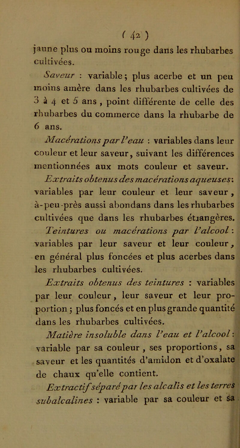 janne pins ou moins rouge dans les rhubarbes cultivées. Saveur : variable; plus acerbe et un peu moins amère dans les rhubarbes cultivées de 3 à 4 et 5 ans , point différente de celle des rhubarbes du commerce dans la rhubarbe de 6 ans. Macérations par Veau : variables dans leur couleur et leur saveur, suivant les différences mentionnées aux mots couleur et saveur. Extraits obtenus des macérations aqueuses’. variables par leur couleur et leur saveur , à-peu-près aussi abondans dans les rhubarbes cultivées que dans les rhubarbes étjangères. Teintures ou macérations par T alcool : variables par leur saveur et leur couleur, en général plus foncées et plus acerbes dans les rhubarbes cultivées. Extraits obtenus des teintures : variables par leur couleur, leur saveur et leur pro- portion ; plus foncés et en plus grande quantité dans les rhubarbes cultivées. Matière insoluble dans Veau et Valcool : variable par sa couleur , ses proportions, sa saveur et les quantités d’amidon et d’oxalate de chaux qu’elle contient. Extractif séparépar les alcalis et les terres subalcalines : variable par sa couleur et sa