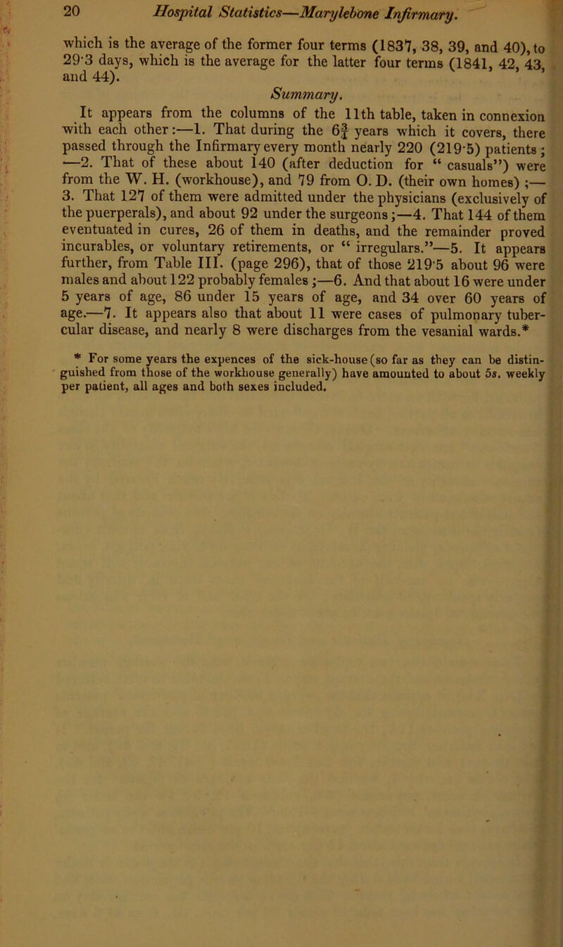 which is the average of the former four terms (1837, 38, 39, and 40), to 29-3 days, which is the average for the latter four terms (1841, 42, 43 and 44). Summary. It appears from the columns of the 11th table, taken in connexion with each other:—1. That during the 6£ years which it covers, there passed through the Infirmary every month nearly 220 (219-5) patients ; —2. That of these about 140 (after deduction for “ casuals”) were from the W. H. (workhouse), and 79 from 0. D. (their own homes) ;— 3. That 127 of them were admitted under the physicians (exclusively of the puerperals), and about 92 under the surgeons4. That 144 of them eventuated in cures, 26 of them in deaths, and the remainder proved incurables, or voluntary retirements, or “ irregulars.”—5. It appears further, from Table III. (page 296), that of those 2195 about 96 were males and about 122 probably females;—6. And that about 16 were under 5 years of age, 86 under 15 years of age, and 34 over 60 years of age.—7. It appears also that about 11 were cases of pulmonary tuber- cular disease, and nearly 8 were discharges from the vesanial wards.* * For some years the expences of the sick-house (so far as they can be distin- guished from those of the workhouse generally) have amounted to about 5s. weekly per patient, all ages and both sexes included.