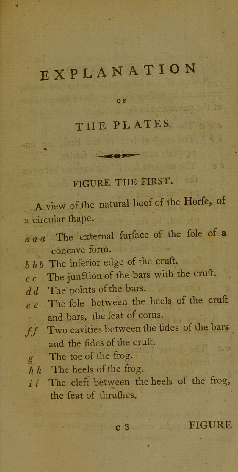 the PLATES. FIGURE THE FIRST. A view of the natural hoof of the Horfe, of a circular (hape. aaa The external furface of the foie of a concave form. bbb The inferior edge of the cruft. c c The jun&ion of the bars with the cruft. dd The points of the bars. of the cruft e e The foie between the heels and bars, the feat of corns. ff Two cavities between the fides of the bars and the Tides of the cruft. g The toe of the frog. hh The heels of the frog. • • i i The cleft between the heels of the frog, the feat of thruflies. i FIGURE