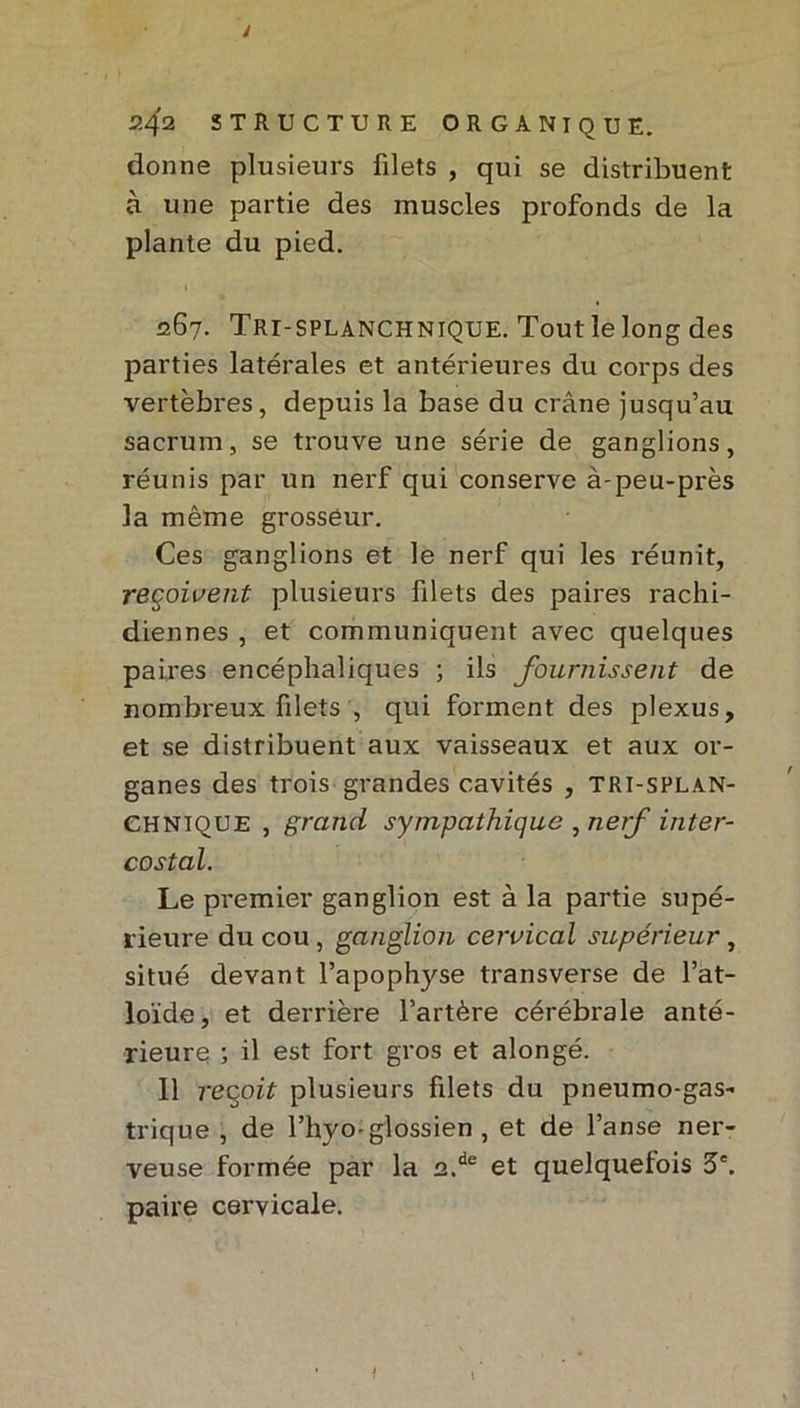 donne plusieurs filets , qui se distribuent à une partie des muscles profonds de la plante du pied. i 267. Tri-splanchnique. Tout le long des parties latérales et antérieures du corps des vertèbres, depuis la base du crâne jusqu’au sacrum, se trouve une série de ganglions, réunis par un nerf qui conserve à-peu-près la même grosseur. Ces ganglions et le nerf qui les réunit, reçoivent plusieurs filets des paires rachi- diennes , et communiquent avec quelques paires encéphaliques ; ils fournissent de nombreux filets , qui forment des plexus, et se distribuent aux vaisseaux et aux or- ganes des trois grandes cavités , tri-splan- chnique , grand sympathique , nerf inter- costal. Le premier ganglion est à la partie supé- rieure du cou , ganglion cervical supérieur, situé devant l’apophyse transverse de l’at- loïde, et derrière l’artère cérébrale anté- rieure ; il est fort gros et alongé. Il reçoit plusieurs filets du pneumogas- trique , de l’hyo-glossien , et de l’anse ner- veuse formée par la 2.de et quelquefois 5e. paire cervicale.