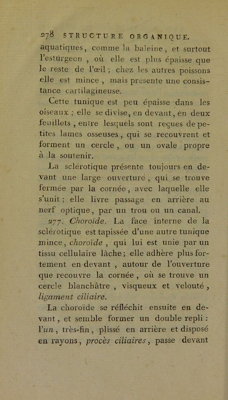 aquatiques, comme la baleine, et surtout 1 esturgeon , où elle est plus épaisse que le reste de l’œil ; chez les autres poissons elle est mince , mais présente une consis- tance cartilagineuse. Cette tunique est peu épaisse dans les oiseaux ; elle se divise, en devant, en deux feuillets , entre lesquels sont reçues de pe- tites lames osseuses, qui se recouvrent et forment un cercle , ou un ovale propre à la soutenir. La sclérotique présente toujours en de- vant une large ouverture , qui se trouve fermée par la cornée, avec laquelle elle s’unit ; elle livre passage en arrière au nerf optique, par un trou ou un canal. £*77. Choroïde. La face interne de la sclérotique est tapissée d’une autre tunique mince, choroïde , qui lui est unie par un tissu cellulaire lâche; elle adhère plus for- tement en devant , autour de l’ouverture que recouvre la cornée , où se trouve un cercle blanchâtre , visqueux et velouté , ligament ciliaire. La choroïde se réfléchit ensuite en de- vant , et semble former un double repli : Yun , très-fin , plissé en arrière et disposé en rayons, procès ciliaii'es, passe devant