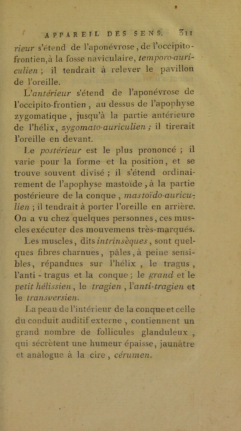 t APPAREIL des sens. 3lï rieur s’étend de l’aponévrose , de l’occipito- frontien,à la fosse naviculaire, temporo-auri- culien ; il tendrait à relever le pavillon de l’oreille. L)antérieur s’étend de l’aponévrose de l’occipito-frontien , au dessus de l’apophyse zygomatique , jusqu’à la partie antérieure de l’hélix, zygomatoauriculien ; il tirerait l’oreille en devant. Le postérieur est le plus prononcé ; il varie pour la forme et la position, et se trouve souvent divisé ; il s’étend ordinai- rement de l’apophyse mastoïde , à la partie postérieure de la conque , mastoiido-auricu- lien ; il tendrait à porter l’oreille en arrière. On a vu chez quelques personnes, ces mus- cles exécuter des mouvemens très-marqués. Les muscles, dits intrinsèques, sont quel- ques fibres charnues , pâles , à peine sensi- bles , répandues sur l’hélix , le tragus , l’anti - tragus et la conque ; le grand et le petit hélissien, le tragien , Y anti-tragien et le transversien. La peau de l’intérieur de la conque et celle du conduit auditif externe , contiennent un grand nombre de follicules glanduleux , qui sécrètent une humeur épaisse, jaunâtre et analogue à la cire , cérumen.