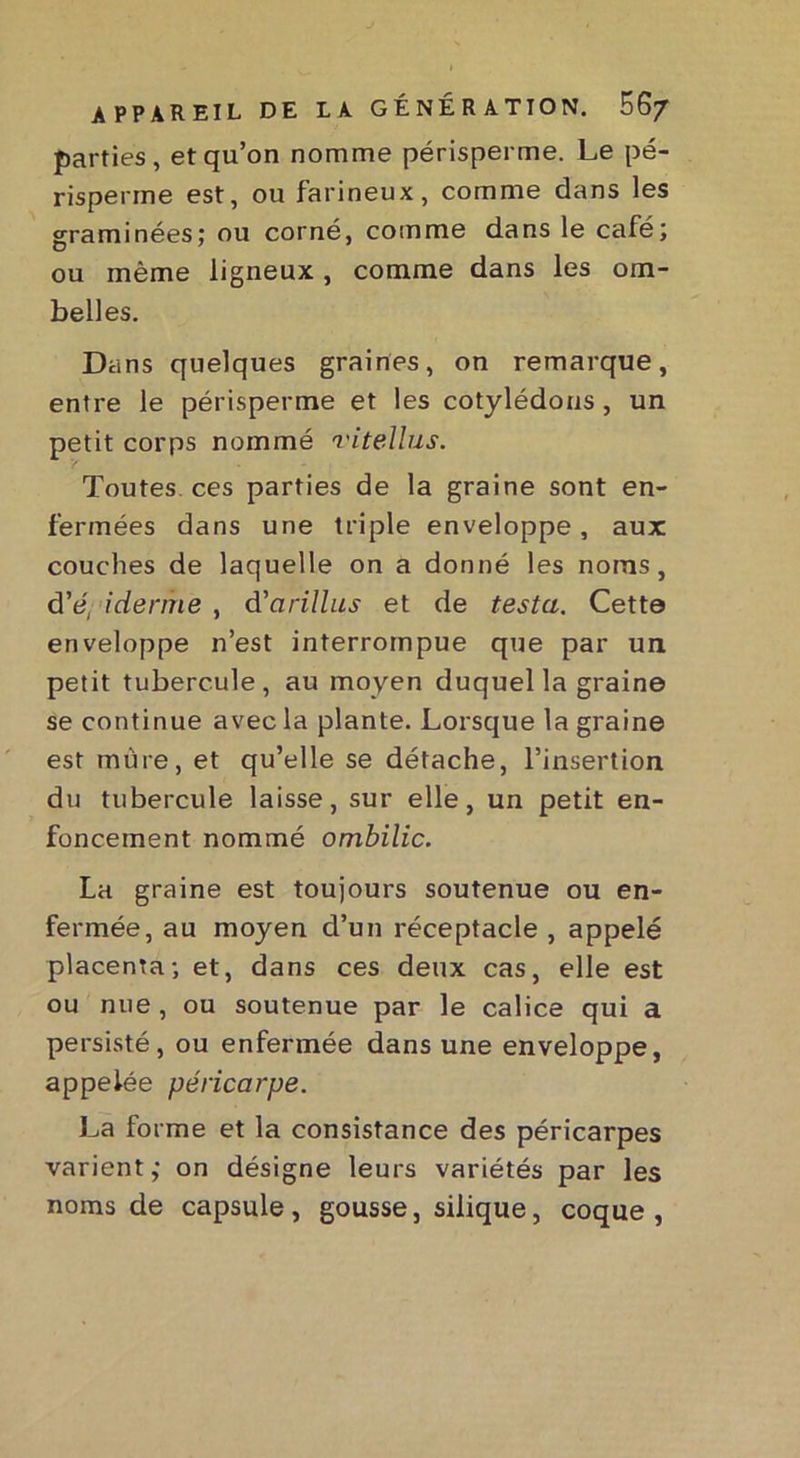 parties, et qu’on nomme périsperme. Le pé- risperine est, ou farineux, comme dans les graminées; ou corné, comme dans le café; ou même ligneux, comme dans les om- belles. Dans quelques graines, on remarque, entre le périsperme et les cotylédons, un petit corps nommé ritellus. Toutes ces parties de la graine sont en- fermées dans une triple enveloppe, aux couches de laquelle on a donné les noms, d’e' iderme , d'arillus et de testa. Cette enveloppe n’est interrompue que par un petit tubercule, au moyen duquel la graine se continue avec la plante. Lorsque la graine est mure, et qu’elle se détache, l’insertion du tubercule laisse, sur elle, un petit en- foncement nommé ombilic. La graine est toujours soutenue ou en- fermée, au moyen cl’un réceptacle , appelé placenta; et, dans ces deux cas, elle est ou nue , ou soutenue par le calice qui a persisté, ou enfermée dans une enveloppe, appelée péricarpe. La forme et la consistance des péricarpes varient; on désigne leurs variétés par les noms de capsule, gousse, silique, coque,