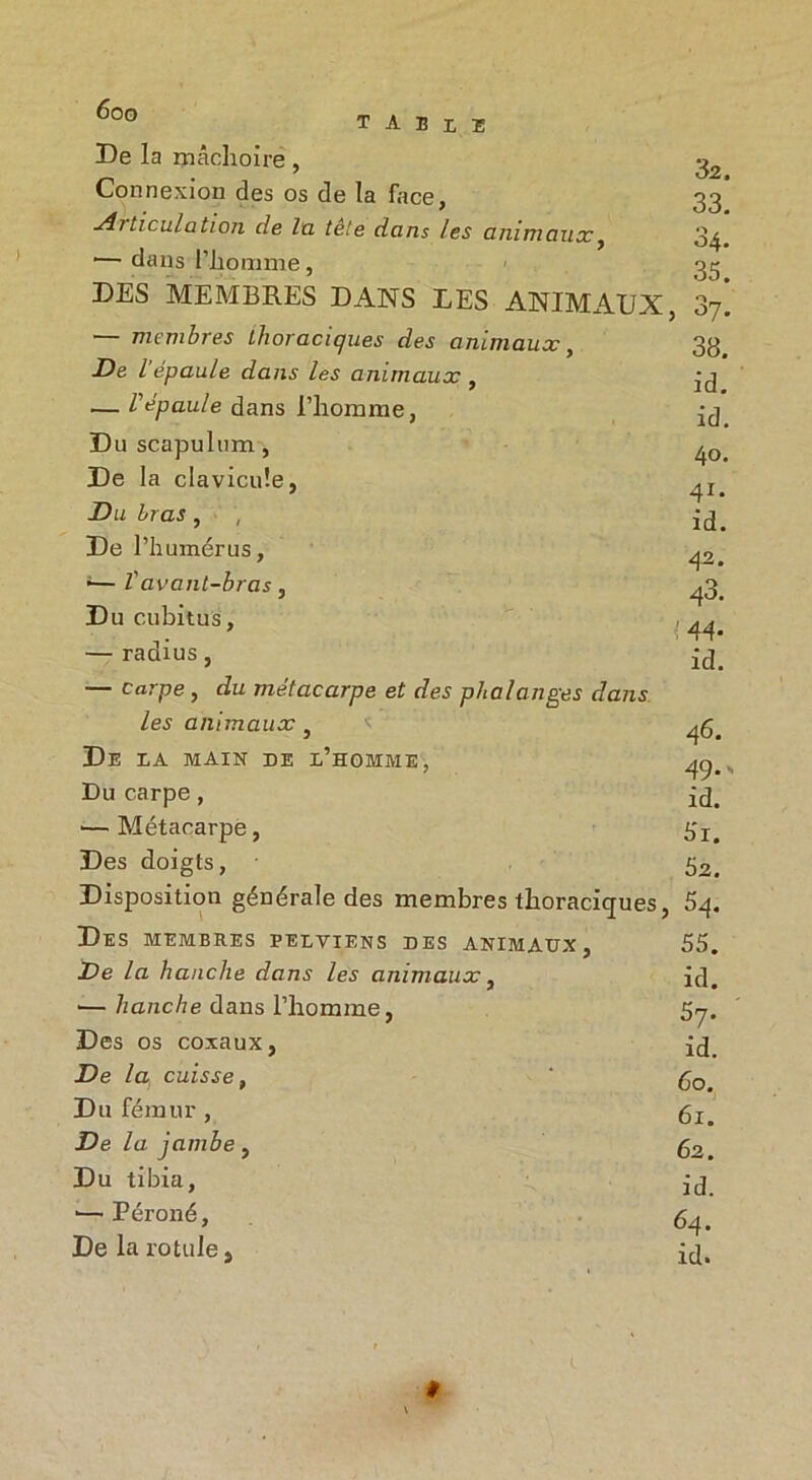 T A B L B De la mâchoire , Connexion des os de la face, 33 Aiticulation de la tele dans les animaux, 3^ ■—dans l’homme, 3g DES MEMBRES DANS LES ANIMAUX, 87. — membres thoraciques des animaux, 33 De l épaule dans les animaux , -3 — l'épaule dans l’homme, Duscapulum, De la clavicule, Du Iras, , De l’humérus, *— Vavant-bras, ^3. Du cubitus, ^ — radius, — carpe , du métacarpe et des phalanges dans les animaux, < De la main de l’homme, Du carpe , id. •—Métacarpe, gr< Des doigts, g2i Disposition générale des membres thoraciques, 5q. Des membres pelviens des animaux, De la hanche dans les animaux, ■— hanche dans l’homme, Des os coxaux, De la cuisse, Du fémur , De la jambe, Du tibia, •— Péroné, De la rotule, 55. id. 57. id. 60. 61. 62. id. 64. id. »