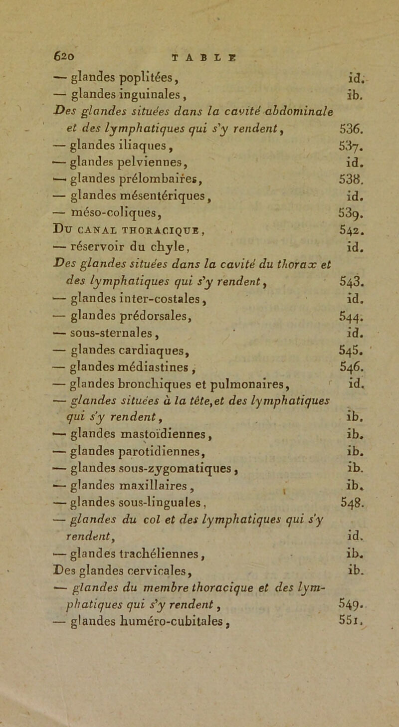 — glandes poplitées, id. — glandes inguinales, ib. Des glandes situées dans la cavité abdominale et des lymphatiques qui s'y rendent, 536. — glandes iliaques, 53y. •—glandes pelviennes, id. •—- glandes prélombaires, 538. — glandes mésentériques, id. — méso-coliques, 53q. Du CANAL THORACIQUE , 542. — réservoir du chyle, id. Des glandes situées dans la cavité du thorax et des lymphatiques qui s'y rendent, 543. — glandes inter-costales, id. — glandes prédorsales, 544. — sous-sternales, ' id. — glandes cardiaques, 545. — glandes médiastines , 546. — glandes bronchiques et pulmonaires, id. — glandes situées à la tète,et des lymphatiques qui s’y rendent, ib. •— glandes mastoïdiennes, ib. — glandes parotidiennes, ib. ■— glandes sous-zygomatiques , ib. ■— glandes maxillaires , ib. — glandes sous-linguales, 548. — glandes du col et des lymphatiques qui s'y rendent, id. — glandes trachéliennes, ib. Des glandes cervicales, ib. -— glandes du membre thoracique et des lym- phatiques qui s'y rendent, 549. — glandes liuméro-cubitales, 55i.