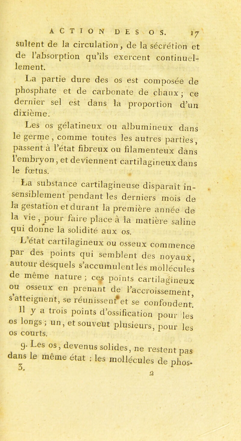 sultent de la circulation, de la sécrétion et de l’absorption qu’ils exercent continuel- lement. La partie dure des os est composée de phosphate et de carbonate de chaux; ce dernier sel est dans la proportion d’un dixième. Les os gélatineux ou albumineux dans le germe, comme toutes les autres parties, passent à l’état fibreux ou filamenteux dans l’embryon , et deviennent cartilagineux dans le fœtus. La substance cartilagineuse disparaît in- sensiblement pendant les derniers mois de la gestation et durant la première année de la vie , jDour faire place à la matière saline qui donne la solidité aux os. L’état cartilagineux ou osseux commence par des points qui semblent des noyaux, autour desquels s’accumulent les mollécules de même nature; ce^ points cartilagineux ou osseux en prenant de l’accroissement s atteignent, se réunissent#et se confondent’ 11 y a trois PO^ts d’ossification pour les os longs; un, et souvent plusieurs, pour les os courts. 9. Les os, devenus solides, ne restent pas dans le même état ; les mollécules de phos- a.