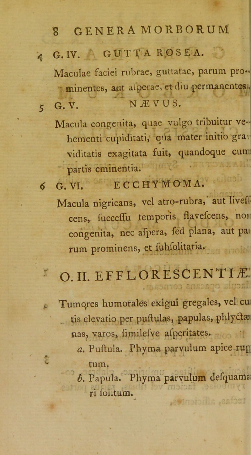 4 G.IV. G U TT A R .OSEA. ' Maculae faciei rubrae, guttatae, parum pro- ' utinentes, a^it aiperae, et diu permaiientesii, 5 G. V. N i V U S. Macula congenita, quae vulgo tribuitur ve-- hementi cupiditati,’ qba mater initio gra-.- viditatis exagitata fuit, quandoque cunr partis eminentia. - ' 6 G. VI. ECCHTMOMA. Macula nigricans, vel atro-rubra,‘ aut liveft' cens, fuccelfu temporis flavefcens, noii congenita, nec afpera, fed plana, aut pai rum prominens, et fuhroUtaria. ' o.ii.efflorescentia: ^ Tumores humorales exigui gregales, vel cu- tis elevatio.per pullulas, papulas, phlydae. nas, varos* fimilefve afperitates. a. Pullula. Phyma parvulum apice-rup ^ tum. ^ if. Papula. ' Phyma parvulum defquama: riiblitum.