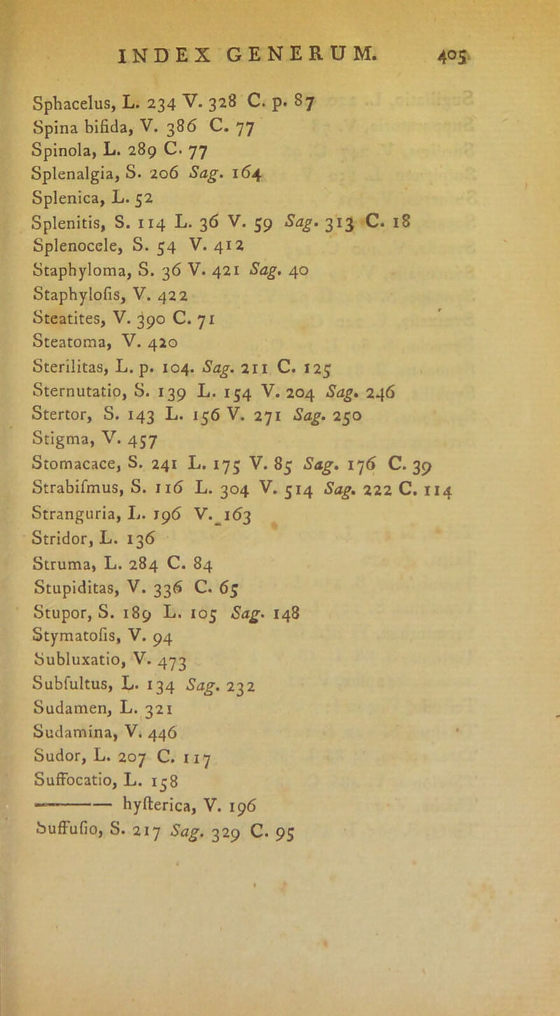 Sphacelus, L. 234 V. 328 C. p. 87 Spina bifida, V. 386 C. 77 Spinola, L. 289 C. 77 Splenalgia, S. 206 Sag. 164 Splenica, L. 52 Splenitis, S. 114 L. 36 V. 59 Sag. 313 C. 18 Splenocele, S. 54 V. 412 Staphyloma, S. 36 V. 421 Sag. 40 Staphylofis, V. 422 Steatites, V. 390 C. 71 Steatoma, V. 420 Sterilitas, L. p. 104. Sag. 211 C. 125 Sternutatio, S. 139 L. 154 V. 204 Sag. 246 Stertor, S. 143 L. 156 V. 271 Sag. 250 Stigma, V. 457 Stomacace, S. 241 L. 175 V. 85 iS«g’. 176 C. 39 Strabifmus, S. 116 L. 304 V. 514 Sag. 222 C. 114 Stranguria, L. 196 V.^163 Stridor, L. 136 Struma, L. 284 C. 84 Stupiditas, V. 336 C. 65 Stupor, S. 189 L. loj Sag. 148 Stymatofis, V. 94 Subluxatio, V. 473 Subfultus, L. 134 Sag. 232 Sudamen, L. 321 Sudamina, V. 446 Sudor, L. 207 C. 117 Suffocatio, L. 138 hyfterica, V. 196 bufi^ufio, S. 217 Sag. 329 C. 95
