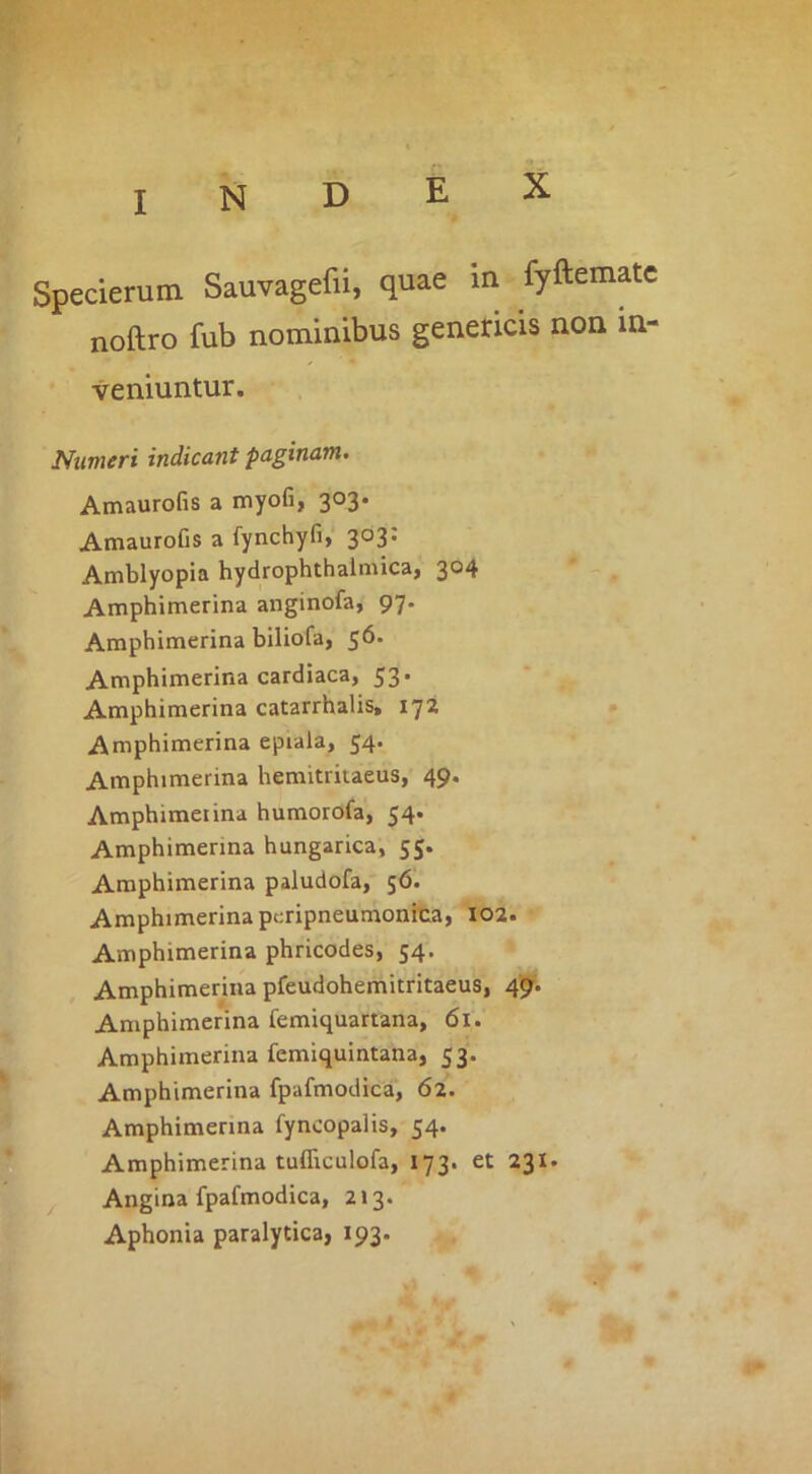 Specierum Sauvagefii, quae in fyftematc noftro fub nominibus geneticis non in- veniuntur. Numeri indicant paginam, Amaurofis a myofi, 303. Atnaurofis a fynchyfi» 3®3* Amblyopia hydrophthalmicaj 3®4 Amphimerina anginofa, 97. Amphimerina biliofa, 56. Amphimerina cardiaca, 53’ Amphimerina catarrhalis, 172 Amphimerina epiala, 54. Amphimerina hemitritaeus, 49. Amphimerina humorofa, 54. Amphimerina hungarica, 55. Amphimerina paludofa, 56. Amphimerina peripneumonita, 102. Amphimerina phricodes, 54. Amphimerina pfeudohemitritaeus, 49. Amphimerina femiquartana, 61. Amphimerina femiquintana, 53. Amphimerina fpafmodica, 62. Amphimerina fyncopalis, 54. Amphimerina tufliculofa, 173. et 231. ^ Angina fpafmodica, 213. Aphonia paralytica, 193.