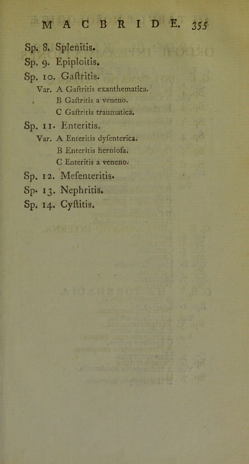 Sp. 8. Splenltls. Sp. 9. Epiploitis. Sp. IO. Gaftritis. Var. A Gaftritis exanthematica. , B Gaftritis a veneno. C Gaftritis traumatica. Sp. II. E nteritis. Var. A Enteritis dyfenterica. B Enteritis herniofa. C Enteritis a veneno. Sp. 12. Mefenieritis. Sp* 13. Nephritis. Spi 14. Cyftitis.