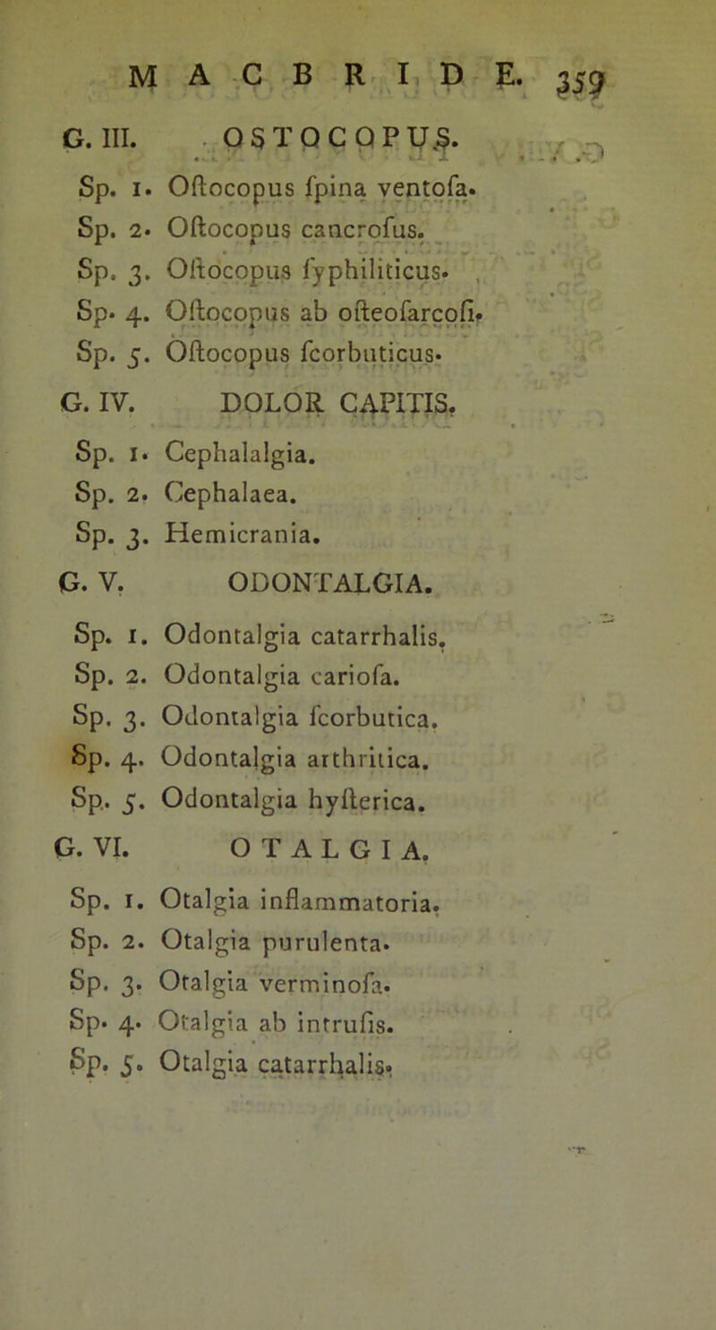 G. III. . Q 5 T Q C Q P Uj?. Sp. I. Oftocopus fpina yentofa. Sp. 2. Oftocopus cancrofus._ Sp. 3. Oftocopus fyphiliticus. , Sp. 4. Oftocopus ab ofteofarcofi» Sp. 5. Oftocopus fcorbutipus; G. IV. DOLOR C4PITIS, Sp. I. Cephalalgia. G. V, ODONTALGIA. Sp. I. Odontalgia catarrhalis, Sp. 2. Odontalgia cariofa. Sp. 3. Odontalgia 1'corbutica, Sp. 4. Odontalgia arthritica. Sp. 5. Odontalgia hyfterica. G. VI. O T A L G I A. Sp. I. Otalgia inflammatoria, Sp. 2. Otalgia purulenta. Sp. 3. Otalgia verminofa. Sp. 4. Otalgia ab intrufis. m