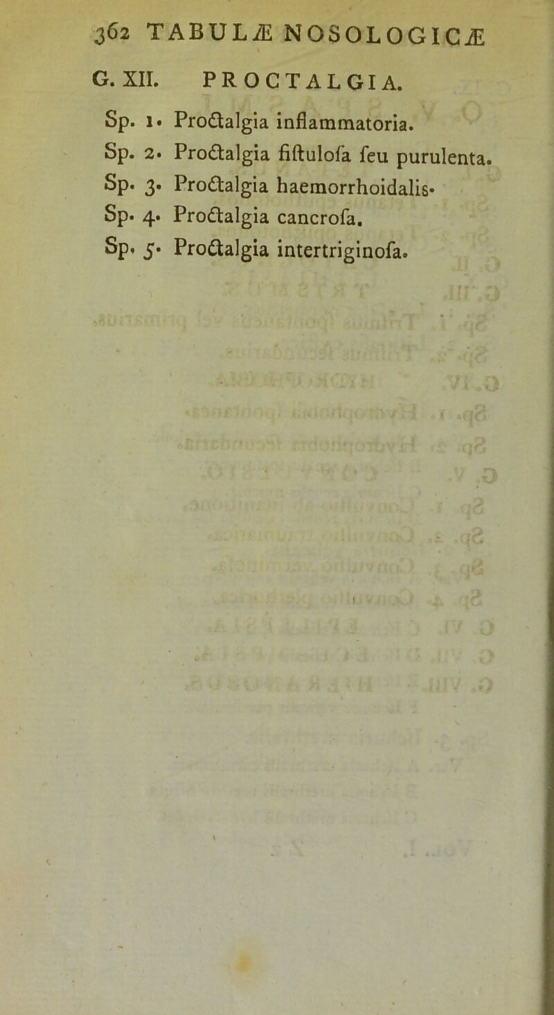 G. XII. PROCTALGIA. Sp. 1. Prodalgia inflammatoria. Sp. 2. Prodalgia fiftulofa feu purulenta. Sp. 3. Prodalgia haemorrhoidalis» Sp. 4. Prodalgia cancrofa.