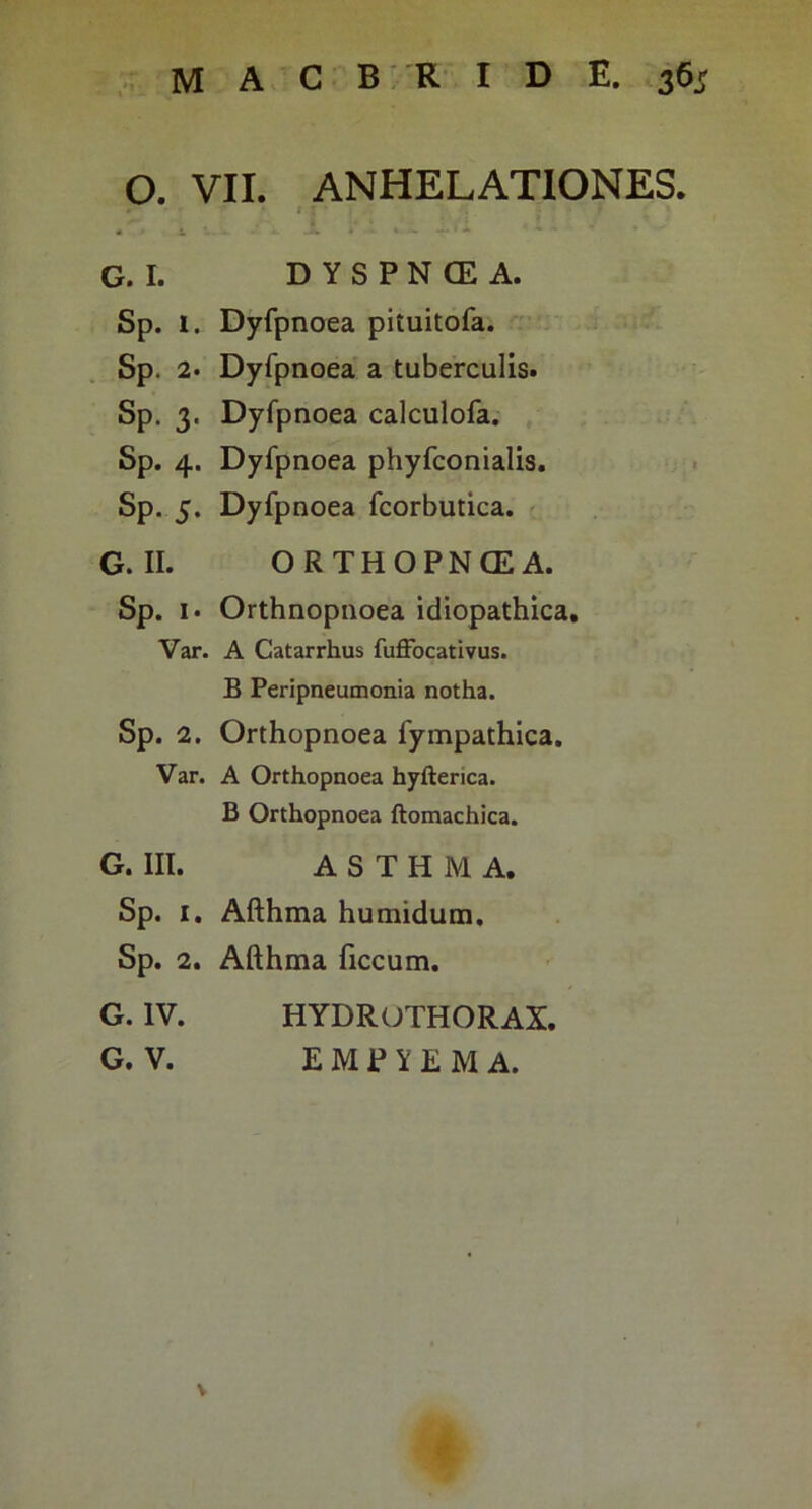 O. VII. ANHELATIONES. r * * i i. . G. I. D Y S P N CE A. Sp. 1. Dyfpnoea pituitofa. Sp. 2. Dyfpnoea a tuberculis. Sp. 3. Dyfpnoea calculofa. Sp. 4. Dyfpnoea phyfconialis. Sp. 5. Dyfpnoea fcorbutica. ; G.II. ORTHOPNCEA. Sp. I. Orthnopnoea idiopathica, Var. A Catarrhus fuflfocativus. B Peripneumonia notha. Sp. 2. Orthopnoea fympathica. Var. A Orthopnoea hyfterica. B Orthopnoea ftomachica. G. III. ASTHMA. Sp. I. Afthma humidum, Sp. 2. Afthma ficcum. G. IV. HYDRUTHORAX.