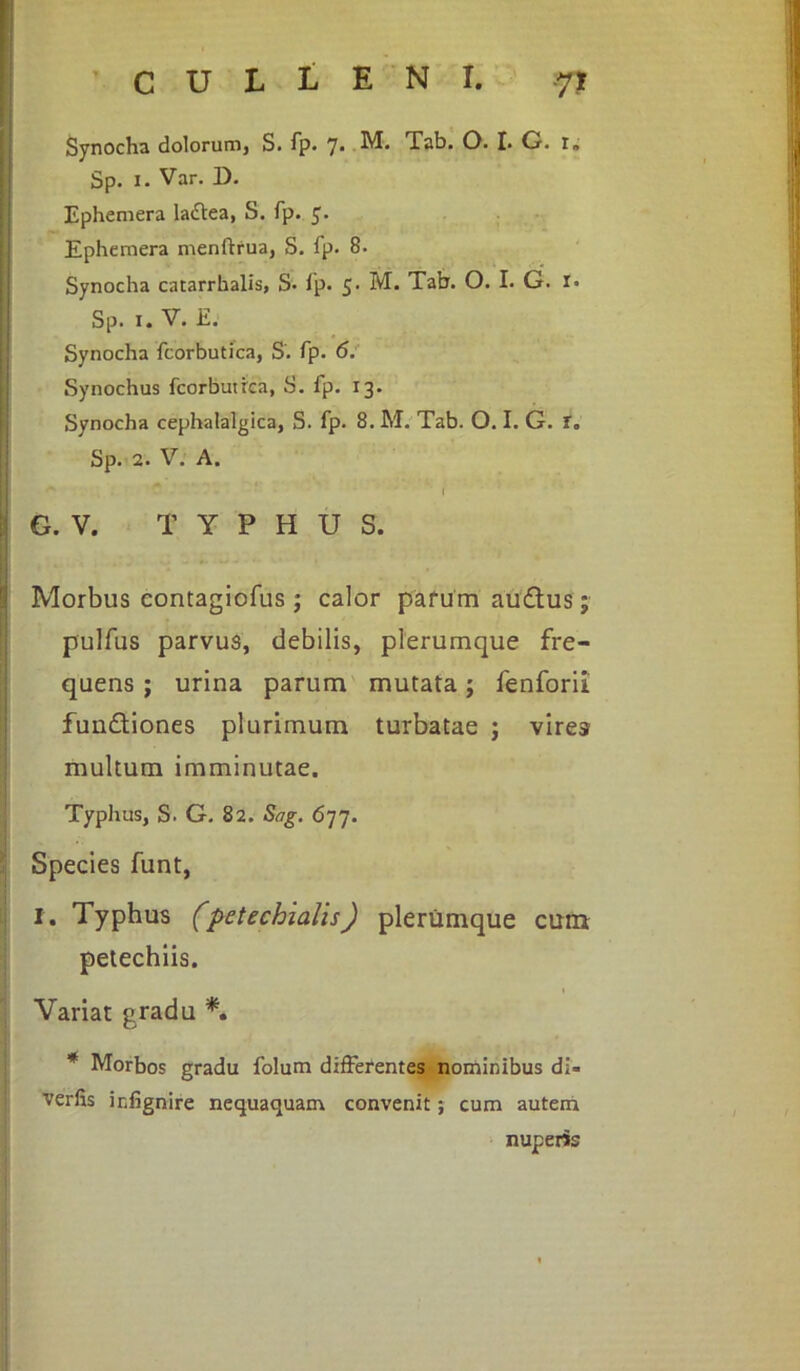 Synocha dolorum, S. fp. 7* M* Tab. O. I. G. i» Sp. i. Var. D. Ephemera laftea, S. fp. y. Ephemera menftrua, S. fp. 8. Synocha catarrhalis, S- fp. 5- M. Tab. O. I. G. i. Sp. i. V. E. Synocha fcorbutica, S'. fp. 6. Synochus fcorbutrca, S. fp. 13. Synocha cephalalgica, S. fp. 8. M. Tab. O. I. G. r, Sp. 2. V. A. I G. V. TYPHUS. Morbus contagiofus ; calor parum audlus; pulfus parvus, debilis, plerumque fre- quens ; urina parum mutata; fenforii funftiones plurimum turbatae ; vires multum imminutae. Typhus, S. G. 82. Sag. 677. Species funt, I. Typhus (petechialis) plerumque cum petechiis. 1 Variat gradu *. * Morbos gradu folum differentes nominibus di- verfis infignire nequaquam convenit; cum autem nuperis