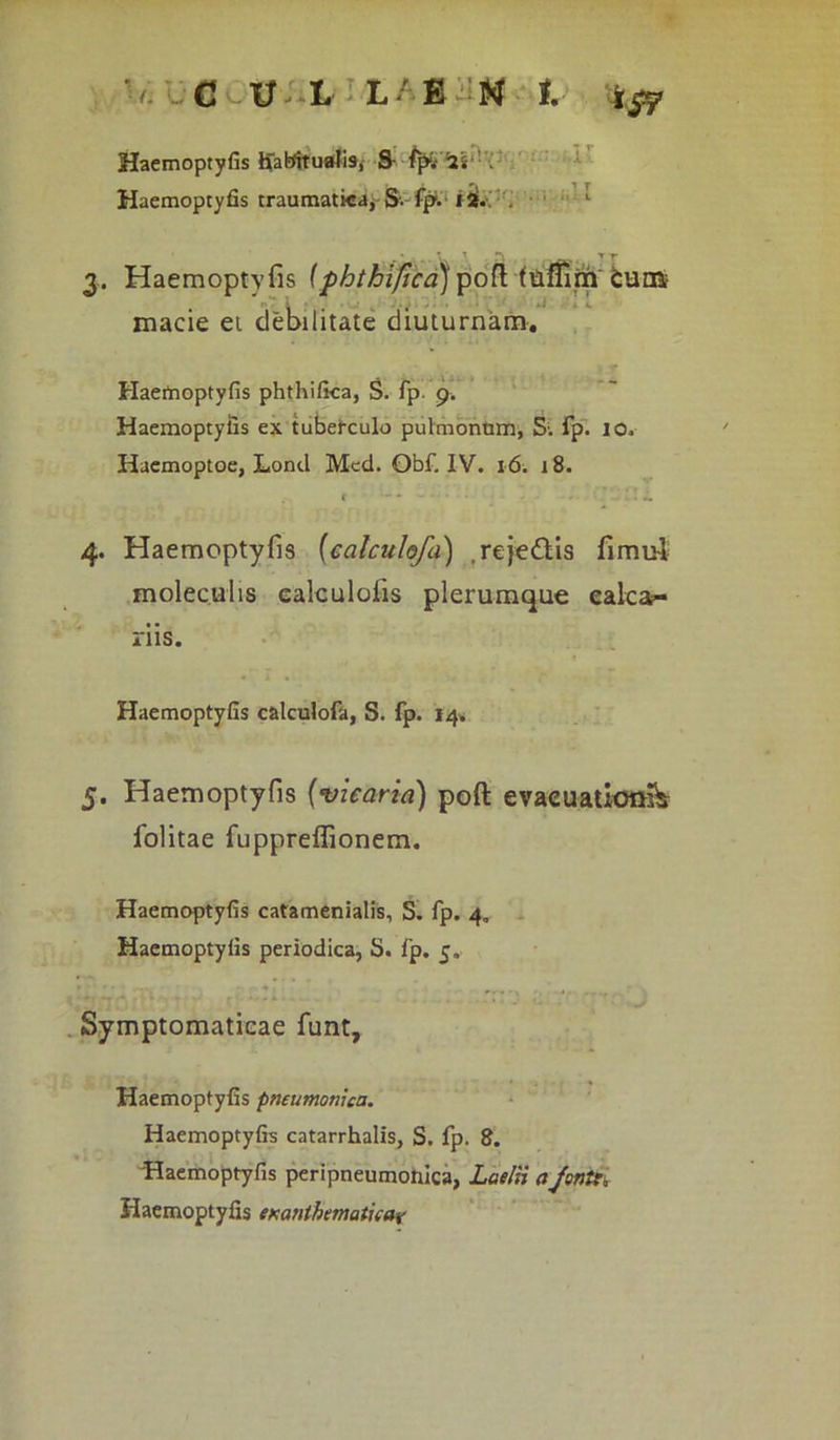 Haemoptyfis fcfabrtualis, & fpi,- '2i . Haemoptyfis traumatica, S. fp1.'fi. 1 . • . V T T; . T r 3. Haemoptyfis iphtkifica)pofi temm bum macie ei debilitate diuturnam. Haemoptyfis phthifica, S. fp 9. Haemoptyfis ex tuberculo pulmonum, S; fp. 10. Hacmoptoe, Lond Mcd. Obf. IV. 16. 18. 4. Haemoptyfis (calcuhfa) .rejedlis fimul moleculis ealculofis plerumque ealcar- riis. Haemoptyfis calculofa, S. fp. 14. 5. Haemoptyfis (vicaria) poft evacuationi^ folitae fuppreflionem. Haemoptyfis catamenialis, S. fp. 4. Haemoptyfis periodica, S. fp. 5. Symptomaticae funt, Haemoptyfis pneumonica. Haemoptyfis catarrhalis, S. fp. 8. -Haemoptyfis peripneumonica, Laelii aJontt, Haemoptyfis exanthematicar