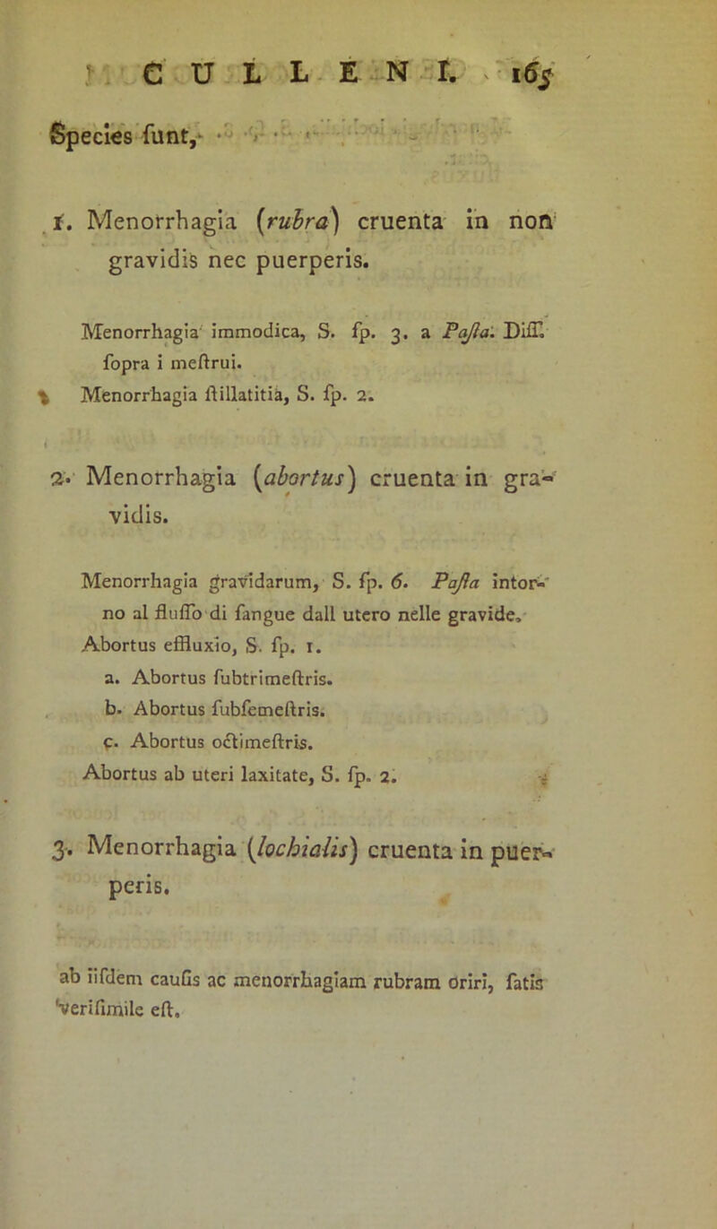 Species funt, i. Menorrhagia {rubra) cruenta in non gravidis nec puerperis. Menorrhagia immodica, S. fp. 3. a Pajla. Diffl fopra i meftrui. \ Menorrhagia llillatitia, S. fp. 2. 2* Menorrhagia {abortus) cruenta in gra- vidis. Menorrhagia gravidarum, S. fp. <5. Pajla intor- no al fluflo di fangue dall utero nelle gravide. Abortus effluxio, S. fp. 1. a. Abortus fubtrimeftris. b. Abortus fubfemeftris. C- Abortus octimeftris. Abortus ab uteri laxitate, S. fp. 2. r 3. Menorrhagia {lochiaiis) cruenta in puer- peris. ab iifdem cauGs ac menorrhagiam rubram oriri, fatis 'verifimile eft.