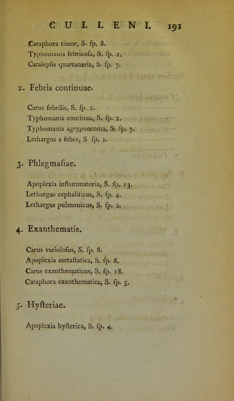 Cataphora timor, S. fp. 8. Typhomania febricofa, S. fp. 1. Catalepfis quartanaria, S. fp. 7. 2. Febris continuae* iw» » 'T Carus febrilis, S. fp. 2. Typhomania continua, S. fp. 2. Typhomania agrypnocoma, S. fp. 3. Lethargus a febre, S fp, 1. * ‘ 3. Phlegmafiae. Apoplexia inflammatoria, S. fp. 13, Lethargus cephaliticus, S. fp. 4. Lethargus pulmonicus, S. fp. 2. 4. Exanthematis. Carus variolofus, S. fp. 8. Apoplexia metaftatica, S. fp. 6. Carus exanthematicus, S. fp. 18. Cataphora exanthematica, S. fp. 5. 3. Hyfteriae. Apoplexia hyfterica, S. fp. 4.