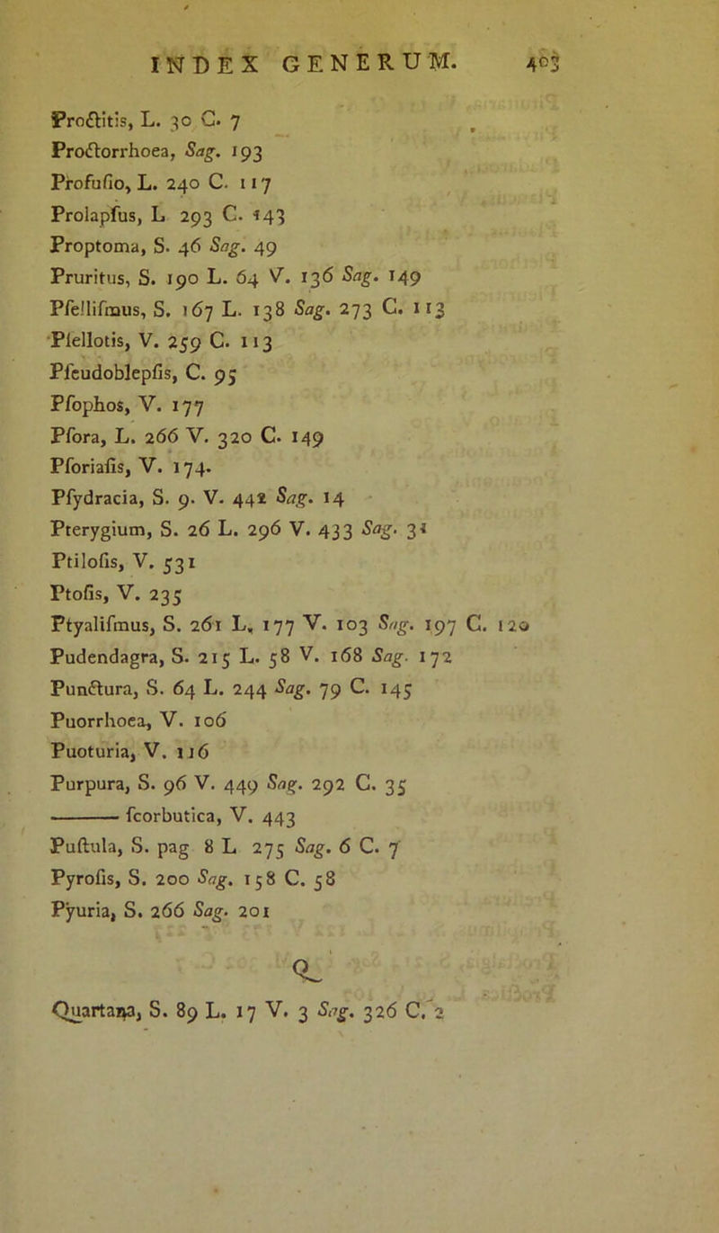 Pro&itis, L. 30 G. 7 Pro<ftorrhoea, Sag. 193 Profufio, L. 240 C. 117 Prolapfus, L 293 C. 443 Proptoma, S- 46 Sng. 49 Pruritus, S. 190 L. 64 V. 136 Sag. 149 Pfellifnaus, S. >67 L. 138 Sag. 273 C. 113 Piellotis, V. 259 C. 113 Pfeudoblepfis, C. 95 Pfophos, V. 177 Pfora, L. 266 V. 320 C. 149 Pforiafis, V. 174. Pfydracia, S. 9. V. 442 Sag. 14 Pterygium, S. 26 L. 296 V. 433 Sag. 34 Ptilofis, V. 531 Ptofis, V. 235 Ptyalifmus, S. 261 L, 177 V. 103 Sag. 197 C. 120 Pudendagra, S. 215 L. 58 V. 168 Sag. 172 Pun&ura, S. 64 L. 244 Sag. 79 C. 145 Puorrhoea, V. 106 Puoturia, V. u6 Purpura, S. 96 V. 449 Sag. 292 C. 35 fcorbutica, V. 443 Puftula, S. pag 8 L 275 Sag. 6 C. 7 Pyrofis, S. 200 Sag. 158 C. 58 Pyuria, S. 266 Sag. 201 'W Quartana, S. 89 L. 17 V. 3 Sag. 326 C. 2