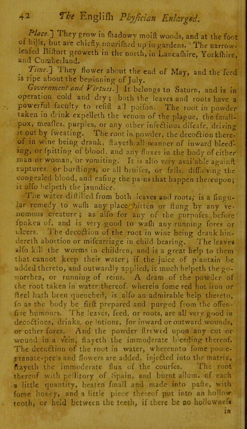 ■ They ^row in fliadowy moift woods, and at the foot oi hills, but arc chiefly t.ourifhed up in jrardens. The narrow- leafed Biftort groweth in the north, in Lancafhirc, Yorkfhire, and Cumbeiland. _ rimer\ They flower about the end of May, and the feed 13 ripe about the betrinning of July. Government and Virtues.^ It belongs to Saturn, and is in operation cold and dry ; both the leaves and roots have a powerful faculty to relift a'l poifon. The root in powder taken in drink expelleth the venom of the plague, the fmali- pox, meafles, purples, or any other Infcdlious difeafe, driving it out b]jr fweating. The root in powder, the decoftion there- of in wine being drank, flayeth all maniier of inward bleed- ing, orfpitting of blood, and any fluxes in the body of either man or woman, dr vomiting. It is alio very avai'able againll ruptures, or burftings, or all bniifes, or falls, diffi vaig the congealed blood, and eafing the pains that happen thereupon; it alfo I'elpeth the jaundice. i he water diltilled from both leaves and roots,' is a fingu- Jar remedy to wufli any place{jbitten or flung by any ve- nomous creature; as alfo for any of the purpofes before fpoken of, and is very good to wafli any running fores or i.lcers. The decosSlion of the root in wine being drank liin- dereth abortion or mifearriage in child bearing. The leaves alfo kill the worms in children, and is a great help to them that cannot keep their water; if the juice of plantain be added thereto, and outwardly applied, it much helpeth the go- norrhea, or running of reins. A dram of the powder of the root taken in water thereof, wiierein fome red liot iron or fleel hath been quenclicd, is alfo an admirable help thereto, fo as the body be firfl prepared and purged from the offen- fjvc humours. 'J'he leave?, feed, or roots, are all very good in decoftions, drinks, or lotions, for inward or outward wounds, or other fores. And the powder flrtwtd ujion any cut or wound in a v*ein, ftayetli the immoderate h'ceding thereof. The dcccftioii of the root in water, wlicrennto fome poine- granatc-pcc‘5 and flowers arc added, injefted into the matrix, flayclh the immoderate flux of the courfes. The root thereof v;illi pellitory of Spain, and burnt allum. of each a little quantity, beaten finall and made into palle, with fome honey, and a little piece theieof put into an hollow loolii, or held between the teeth, if there be no hoHowncfs